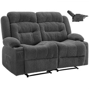 VEVOR Loveseat Recliner Sofa, Manual Reclining Couch with Heating and Massage, Soft Corduroy Recliner Sofa with USB Ports, Cup Holders and Side Storage Bags, Dual Loveseat Chair for Living Room, Grey | VEVOR US