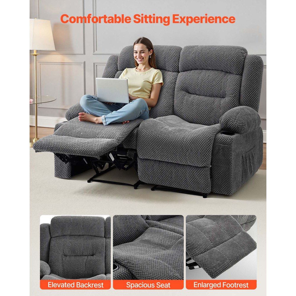 VEVOR Loveseat Recliner Sofa, Manual Reclining Couch with Heating and Massage, Soft Corduroy Recliner Sofa with USB Ports, Cup Holders and Side Storage Bags, Dual Loveseat Chair for Living Room, Grey