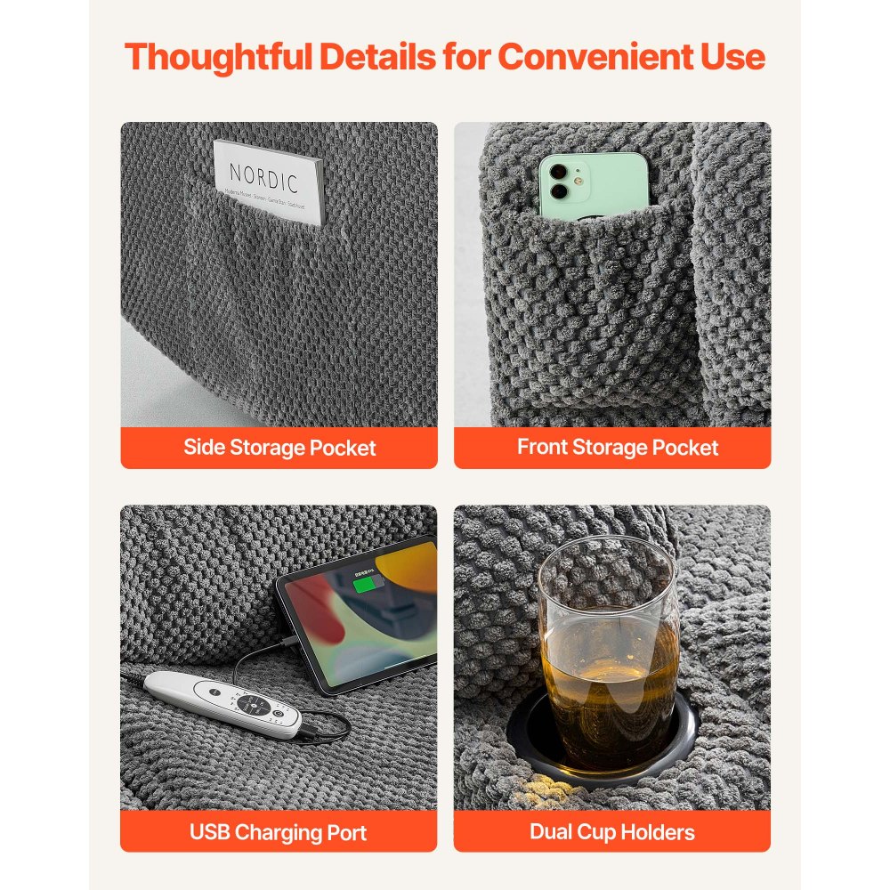 VEVOR Loveseat Recliner Sofa, Manual Reclining Couch with Heating and Massage, Soft Corduroy Recliner Sofa with USB Ports, Cup Holders and Side Storage Bags, Dual Loveseat Chair for Living Room, Grey