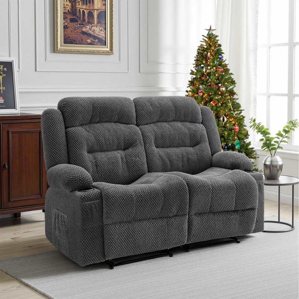 VEVOR Loveseat Recliner Sofa, Manual Reclining Couch with Heating and Massage, Soft Corduroy Recliner Sofa with USB Ports, Cup Holders and Side Storage Bags, Dual Loveseat Chair for Living Room, Grey