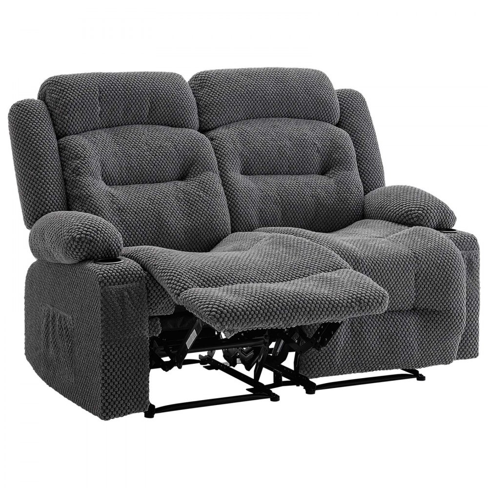 VEVOR Loveseat Recliner Sofa, Manual Reclining Couch with Heating and Massage, Soft Corduroy Recliner Sofa with USB Ports, Cup Holders and Side Storage Bags, Dual Loveseat Chair for Living Room, Grey