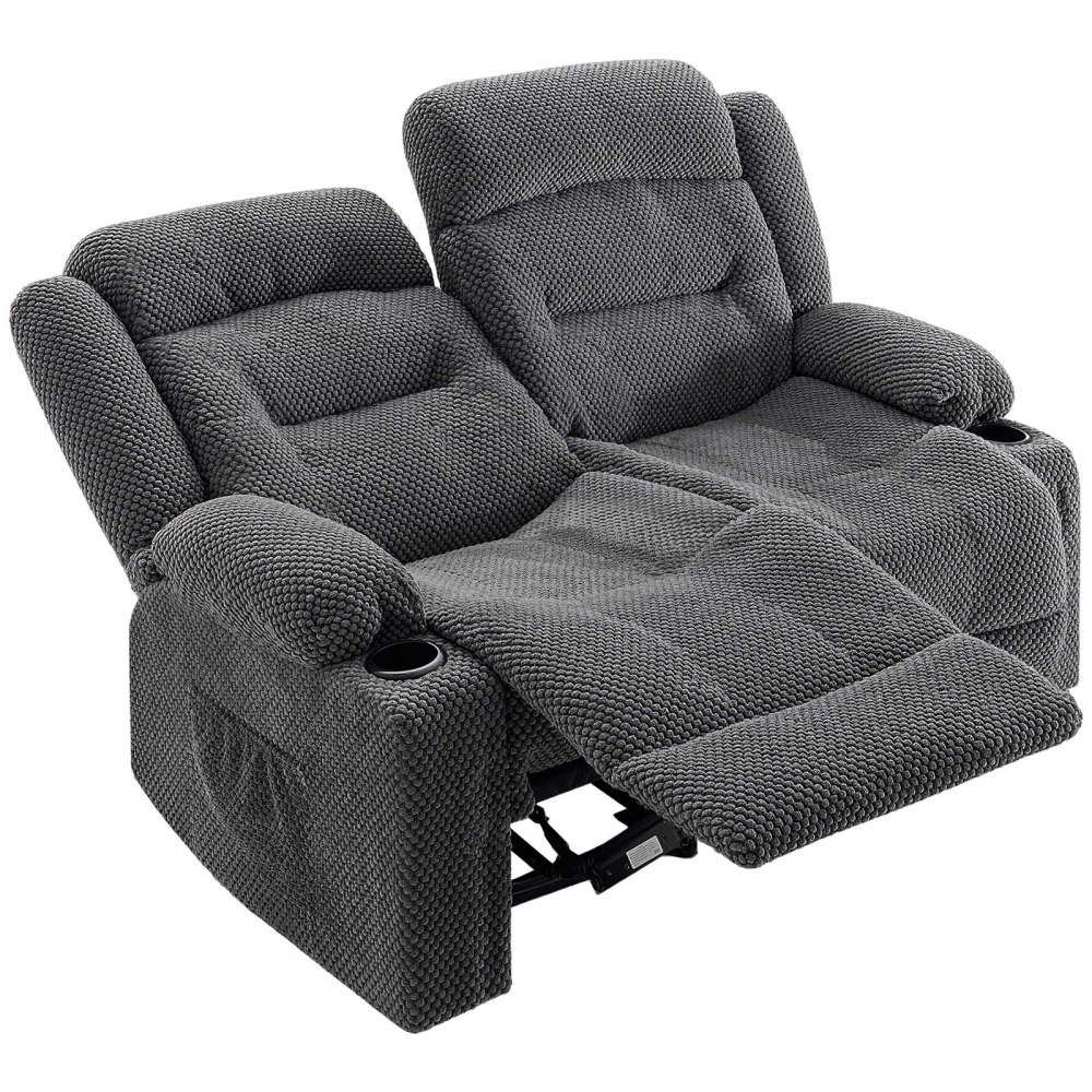 VEVOR Loveseat Recliner Sofa, Manual Reclining Couch with Heating and Massage, Soft Corduroy Recliner Sofa with USB Ports, Cup Holders and Side Storage Bags, Dual Loveseat Chair for Living Room, Grey