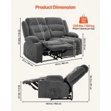 VEVOR Loveseat Recliner Sofa, Manual Reclining Couch with Heating and Massage, Soft Corduroy Recliner Sofa with USB Ports, Cup Holders and Side Storage Bags, Dual Loveseat Chair for Living Room, Grey