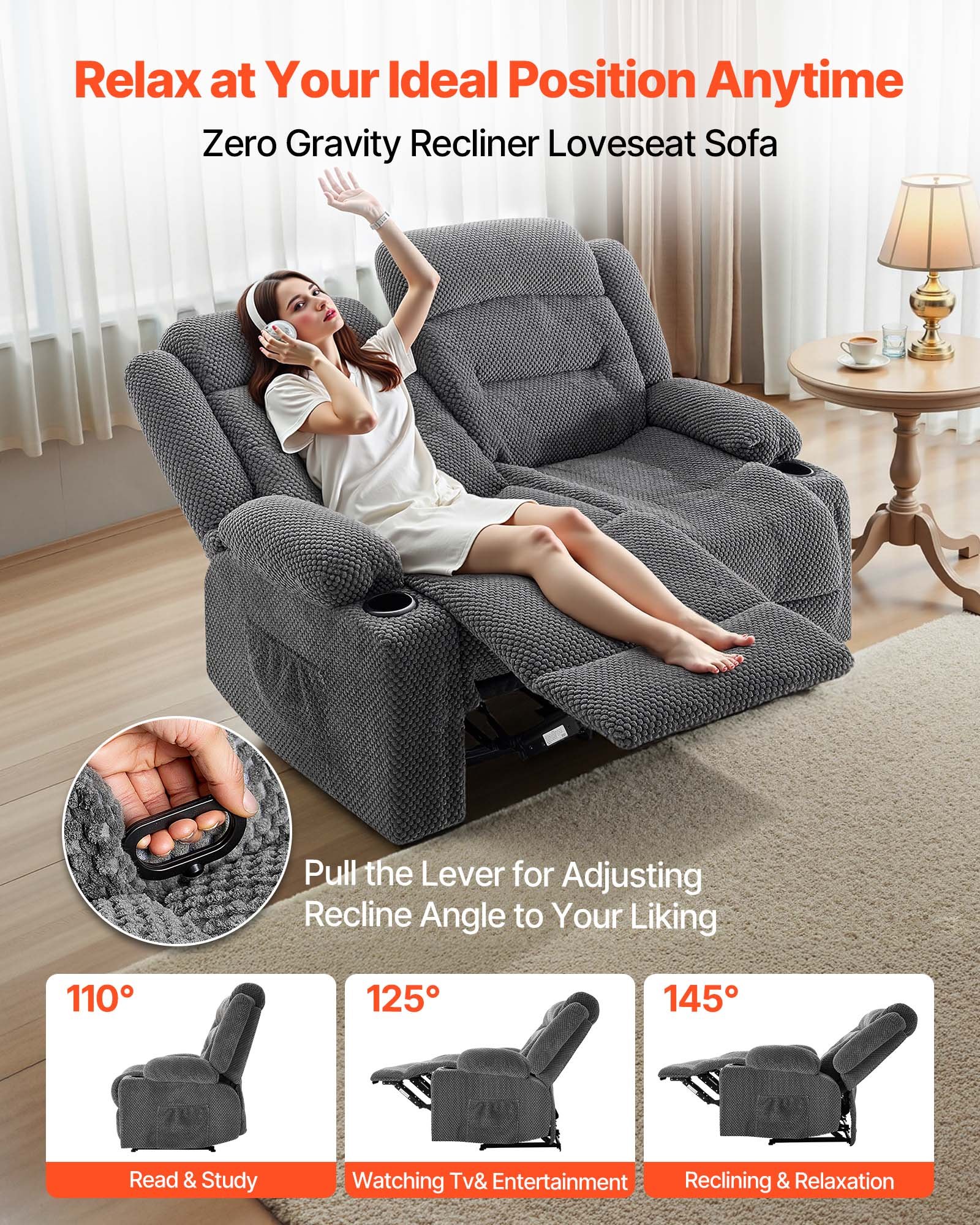 VEVOR Loveseat Recliner Sofa, Manual Reclining Couch with Heating and Massage, Soft Corduroy Recliner Sofa with USB Ports, Cup Holders and Side Storage Bags, Dual Loveseat Chair for Living Room, Grey
