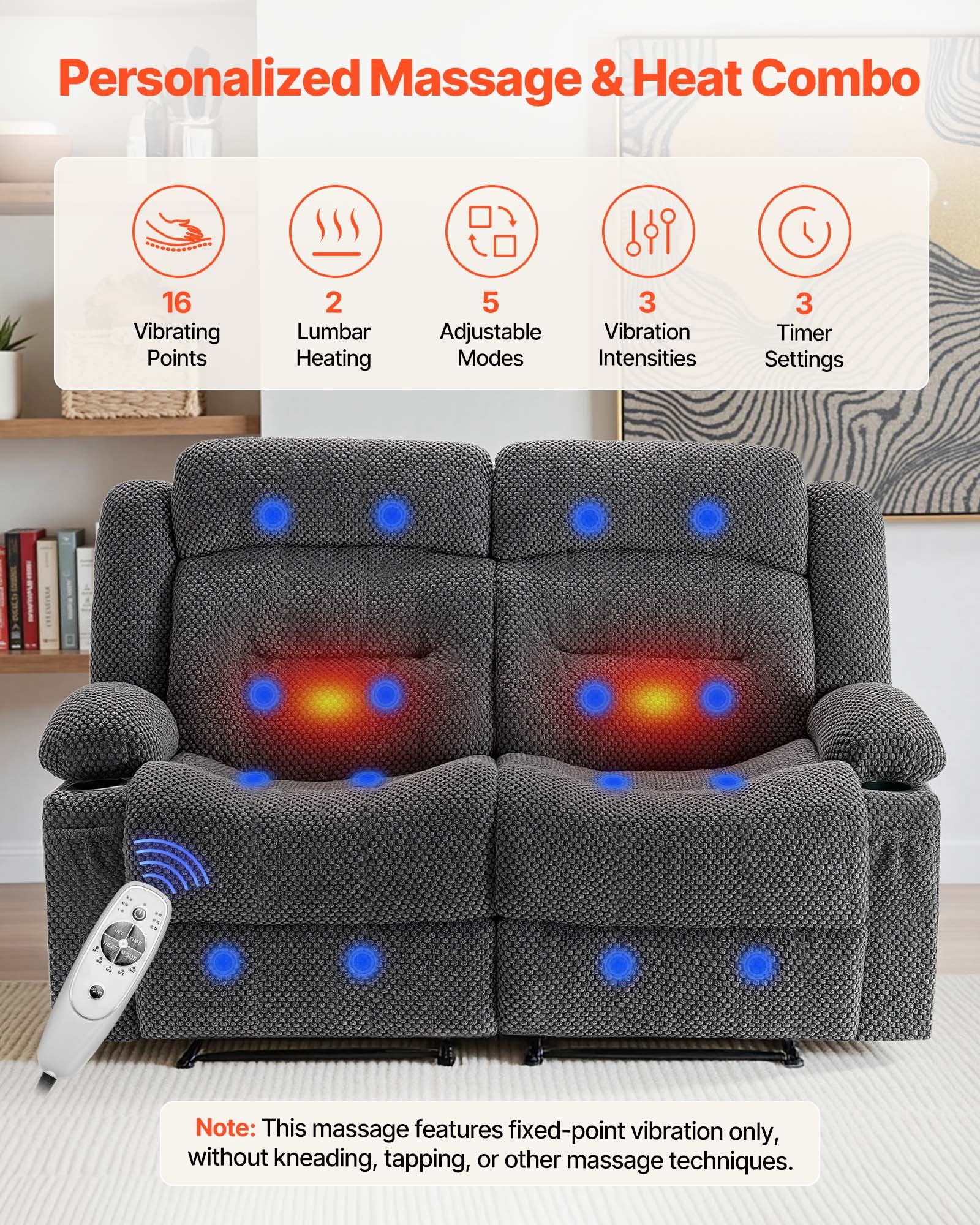 VEVOR Loveseat Recliner Sofa, Manual Reclining Couch with Heating and Massage, Soft Corduroy Recliner Sofa with USB Ports, Cup Holders and Side Storage Bags, Dual Loveseat Chair for Living Room, Grey