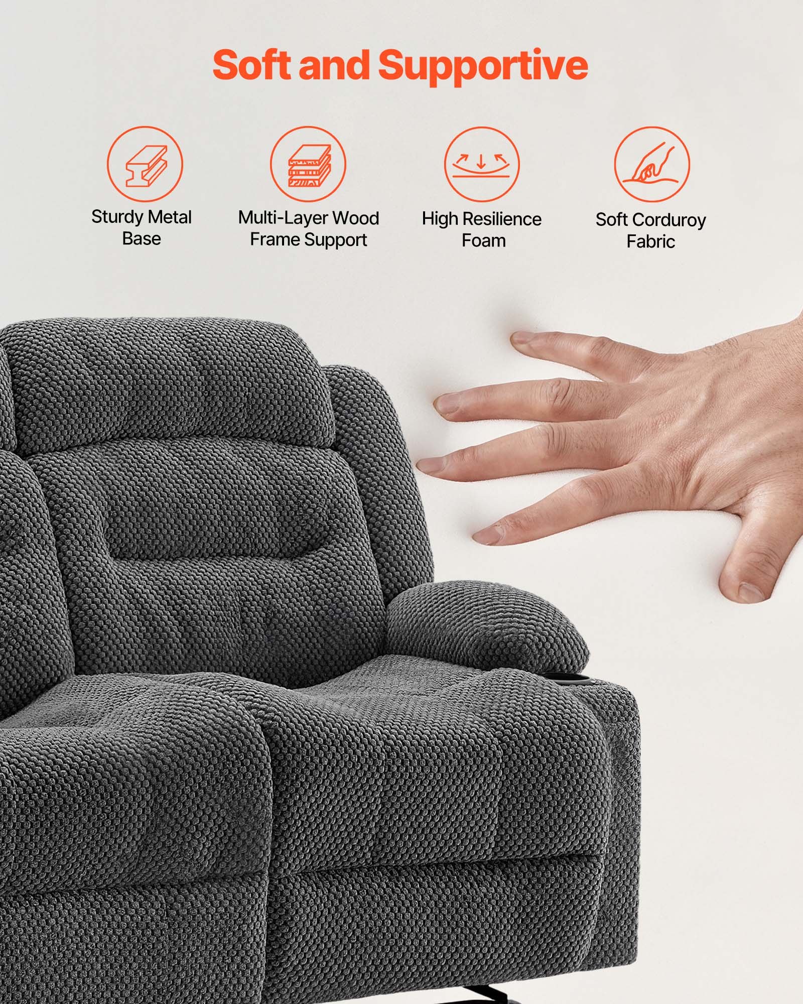 VEVOR Loveseat Recliner Sofa, Manual Reclining Couch with Heating and Massage, Soft Corduroy Recliner Sofa with USB Ports, Cup Holders and Side Storage Bags, Dual Loveseat Chair for Living Room, Grey