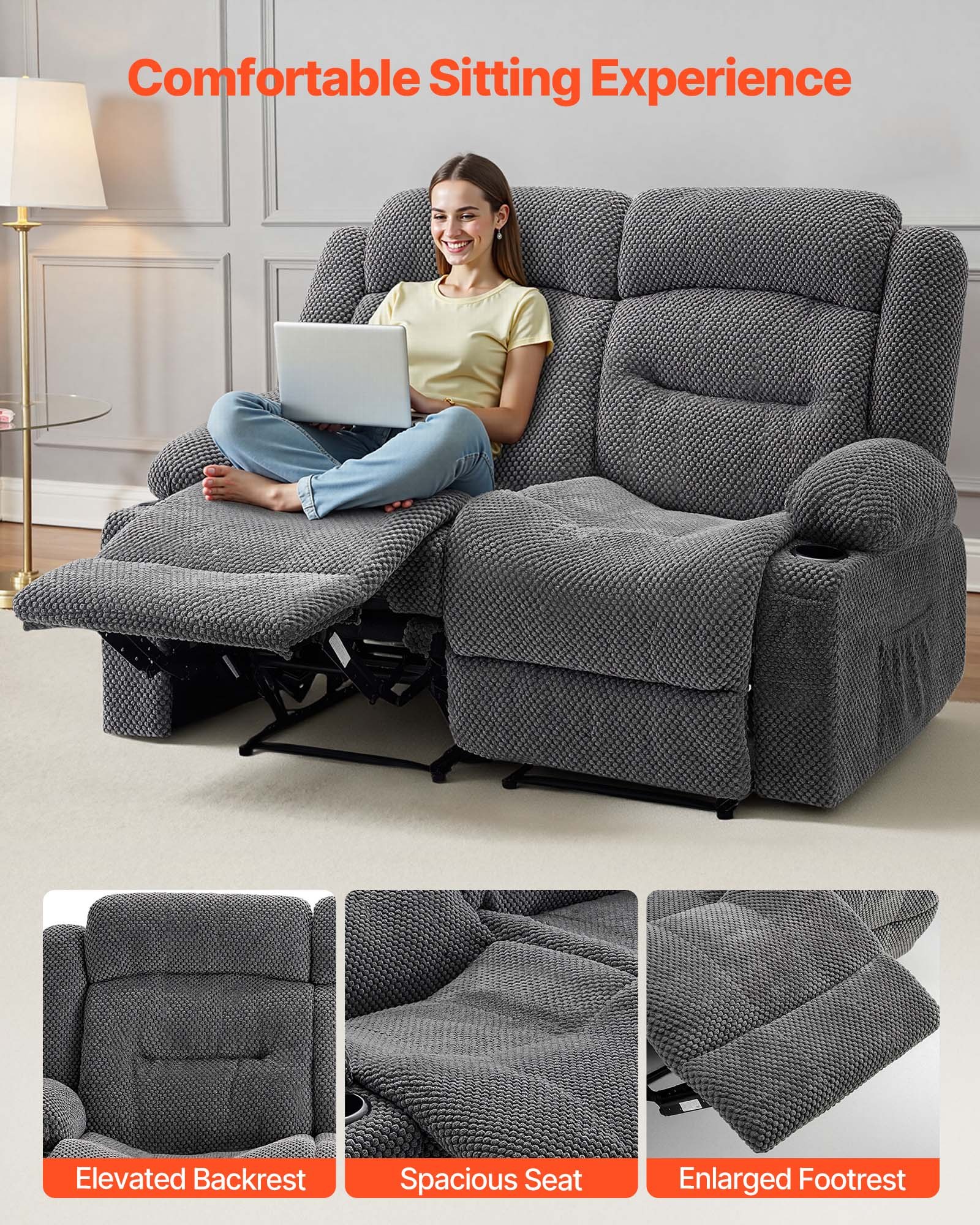 VEVOR Loveseat Recliner Sofa, Manual Reclining Couch with Heating and Massage, Soft Corduroy Recliner Sofa with USB Ports, Cup Holders and Side Storage Bags, Dual Loveseat Chair for Living Room, Grey