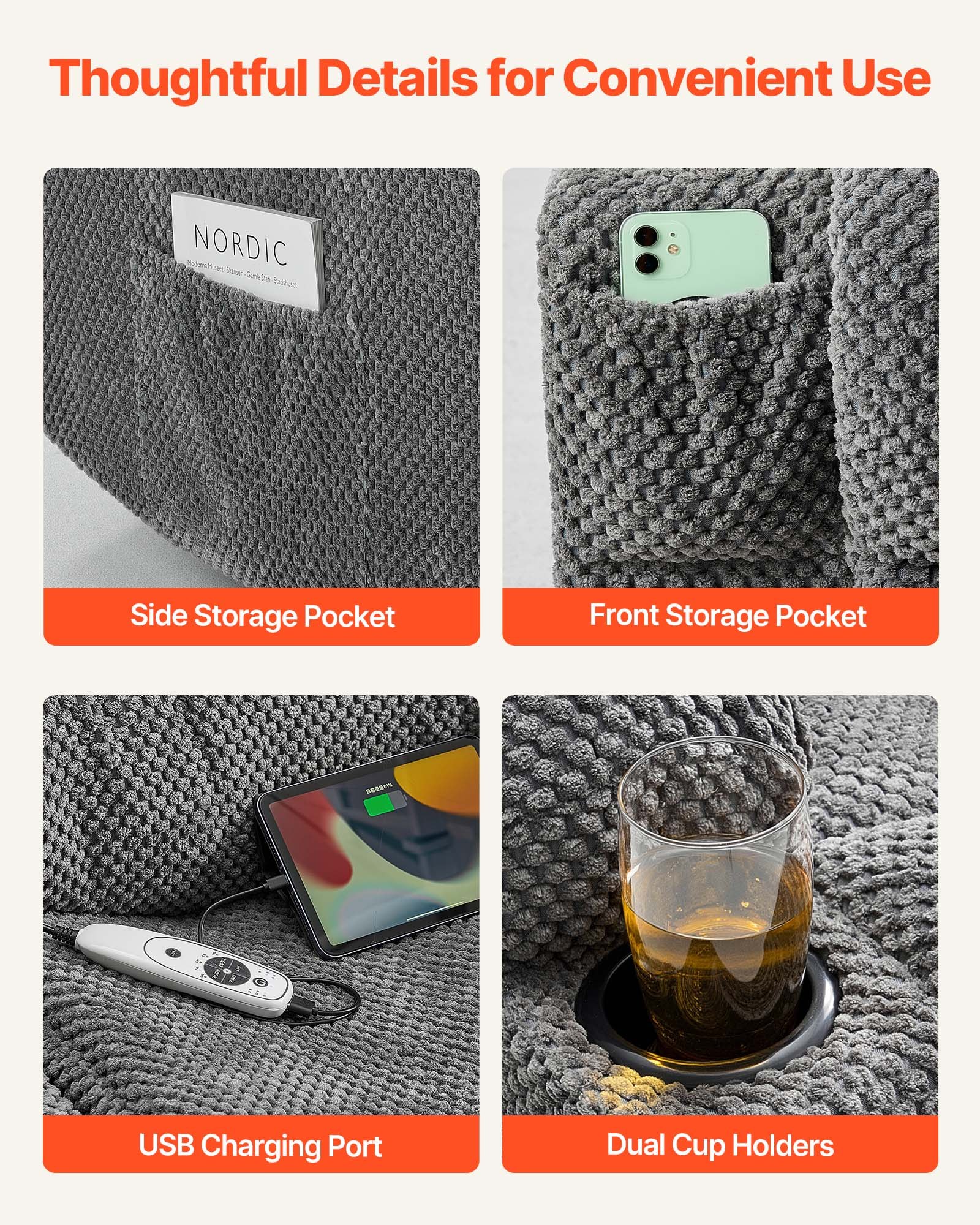 VEVOR Loveseat Recliner Sofa, Manual Reclining Couch with Heating and Massage, Soft Corduroy Recliner Sofa with USB Ports, Cup Holders and Side Storage Bags, Dual Loveseat Chair for Living Room, Grey