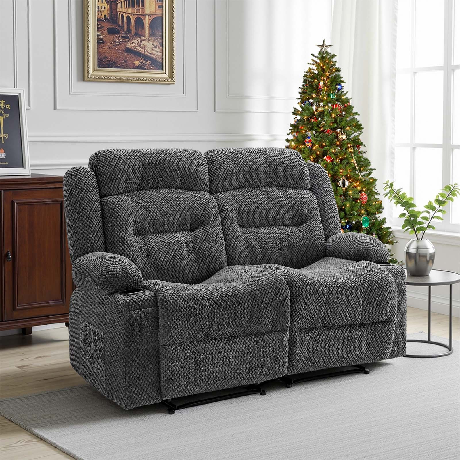 VEVOR Loveseat Recliner Sofa, Manual Reclining Couch with Heating and Massage, Soft Corduroy Recliner Sofa with USB Ports, Cup Holders and Side Storage Bags, Dual Loveseat Chair for Living Room, Grey