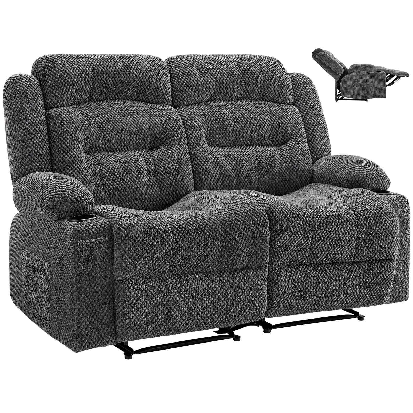 VEVOR Loveseat Recliner Sofa, Manual Reclining Couch with Heating and Massage, Soft Corduroy Recliner Sofa with USB Ports, Cup Holders and Side Storage Bags, Dual Loveseat Chair for Living Room, Grey