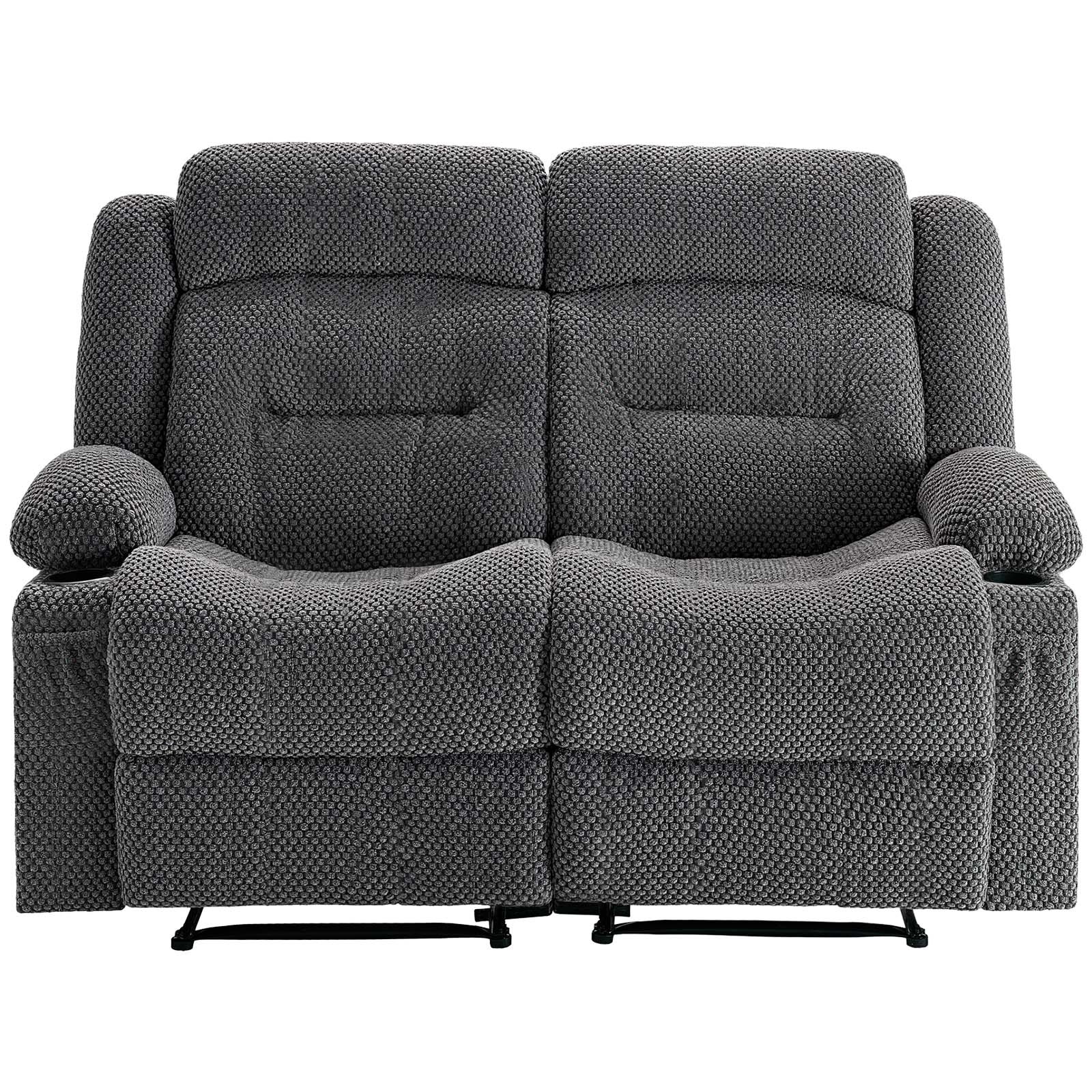 VEVOR Loveseat Recliner Sofa, Manual Reclining Couch with Heating and Massage, Soft Corduroy Recliner Sofa with USB Ports, Cup Holders and Side Storage Bags, Dual Loveseat Chair for Living Room, Grey
