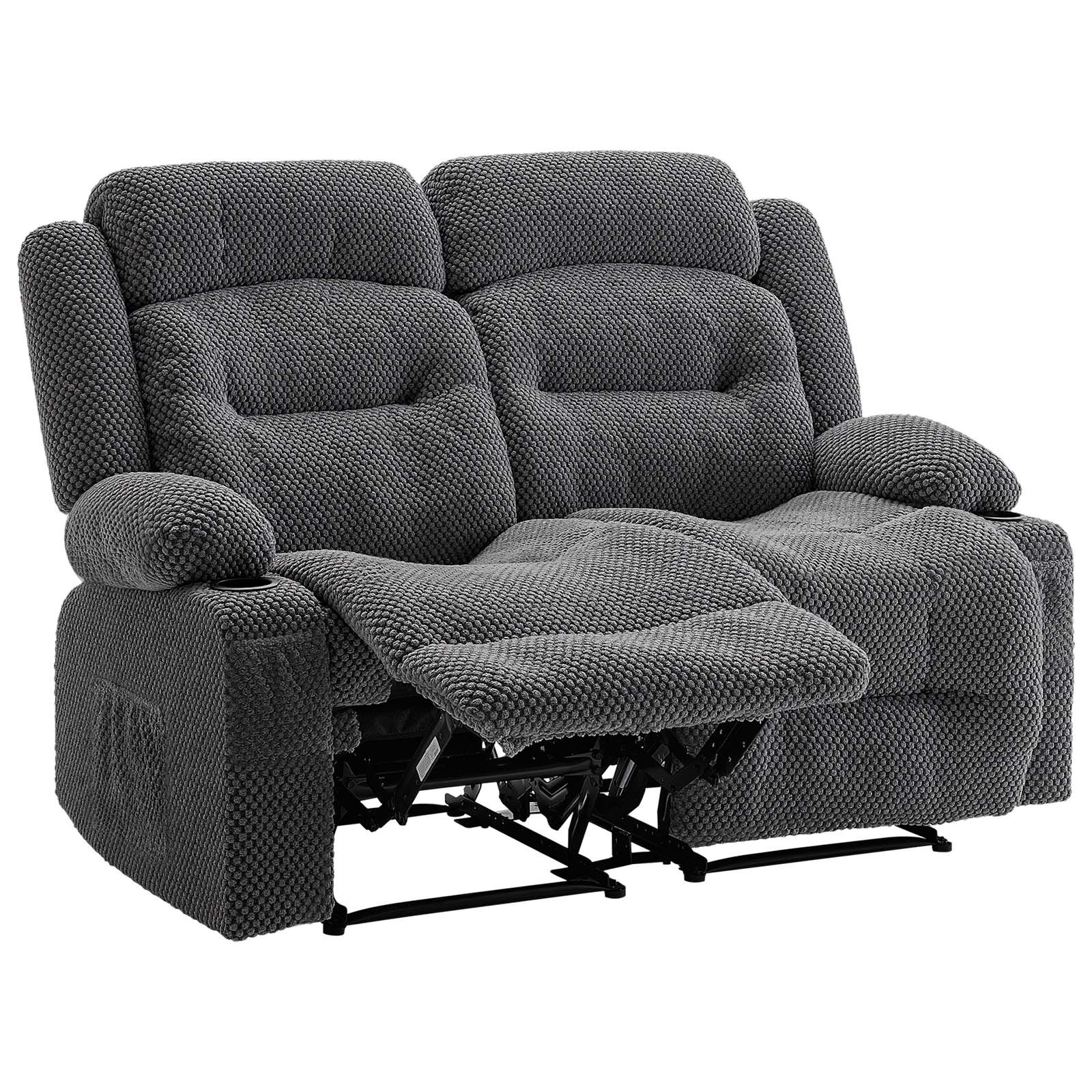 VEVOR Loveseat Recliner Sofa, Manual Reclining Couch with Heating and Massage, Soft Corduroy Recliner Sofa with USB Ports, Cup Holders and Side Storage Bags, Dual Loveseat Chair for Living Room, Grey