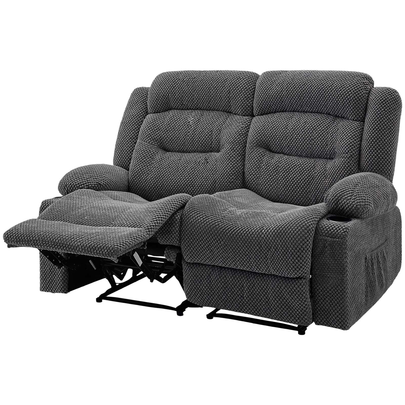 VEVOR Loveseat Recliner Sofa, Manual Reclining Couch with Heating and Massage, Soft Corduroy Recliner Sofa with USB Ports, Cup Holders and Side Storage Bags, Dual Loveseat Chair for Living Room, Grey