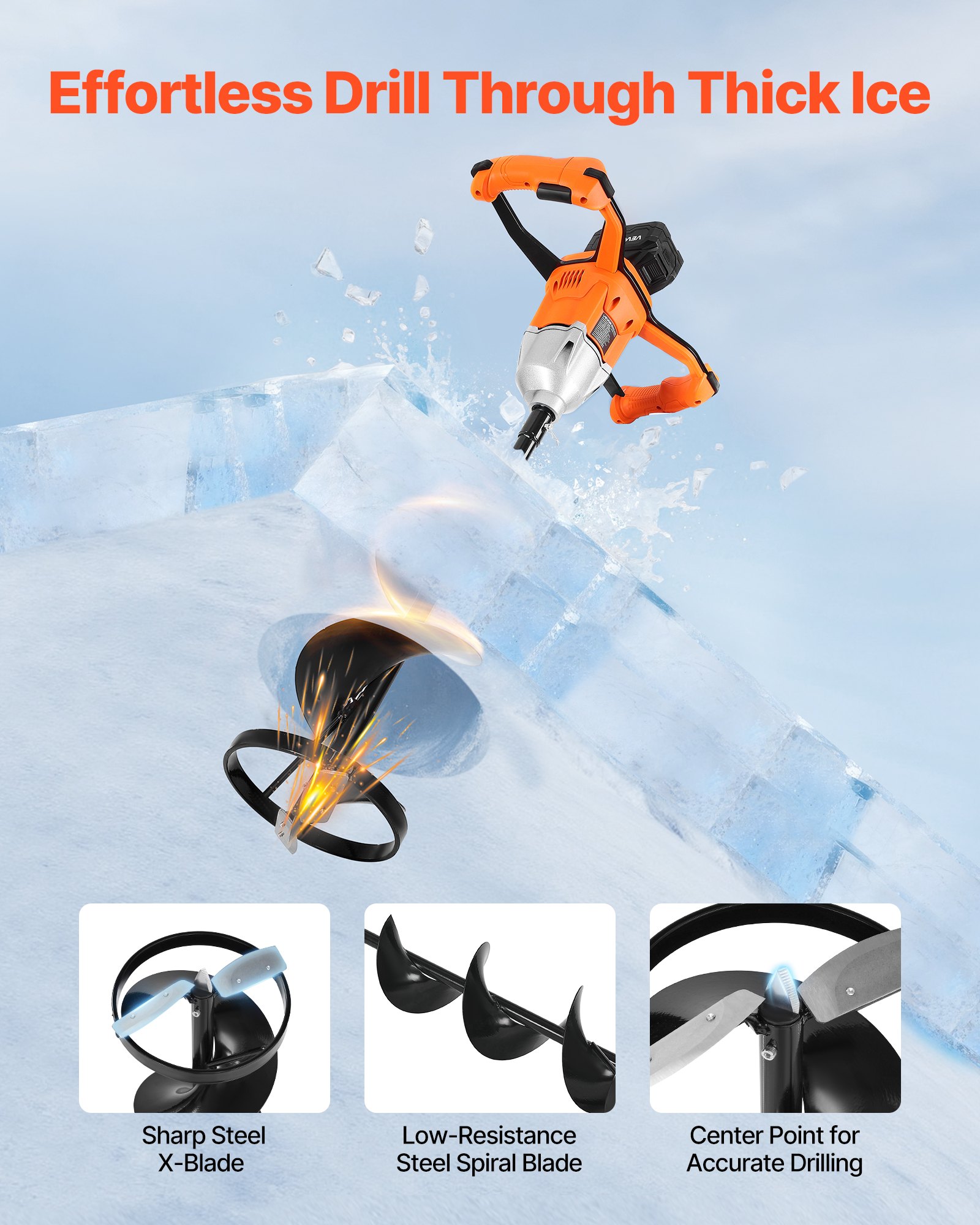 VEVOR 20V Electric Ice Auger, 8 inch Diameter, 2 in 1 Cordless Ice Fishing Augers and Earth Auger with Ices & Earth Drill Bit, Cold-Resistant Post Hole Digger, Turbo High-Speed Cutting System