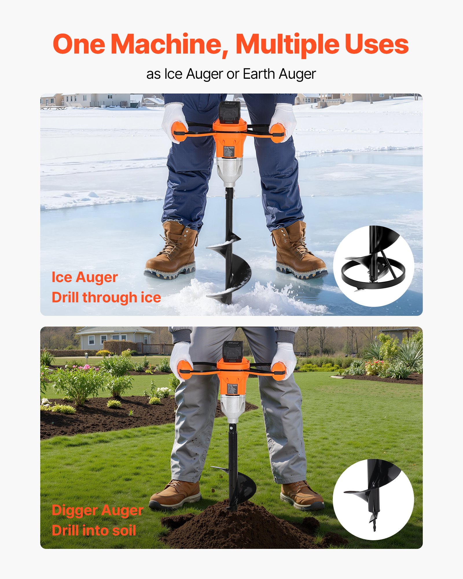 VEVOR 20V Electric Ice Auger, 8 inch Diameter, 2 in 1 Cordless Ice Fishing Augers and Earth Auger with Ices & Earth Drill Bit, Cold-Resistant Post Hole Digger, Turbo High-Speed Cutting System