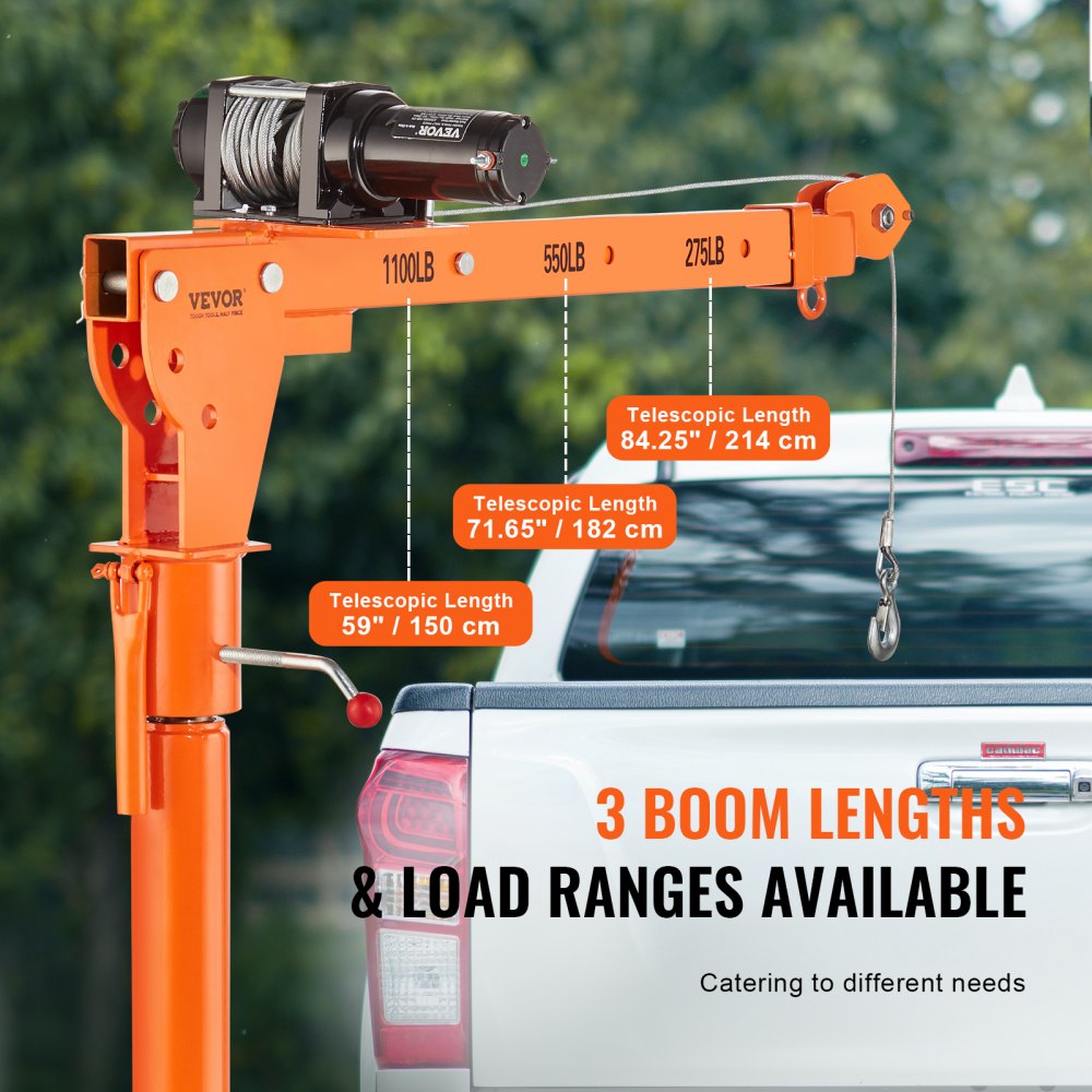 VEVOR Electric Pickup Truck Crane, 1100 lbs Capacity, 360° Swivel, Truck Jib Crane Hoist with Three Boom Capacities of 275 lbs, 550 lbs & 1100 lbs, for Lifting Goods in Construction, Forestry, Factory
