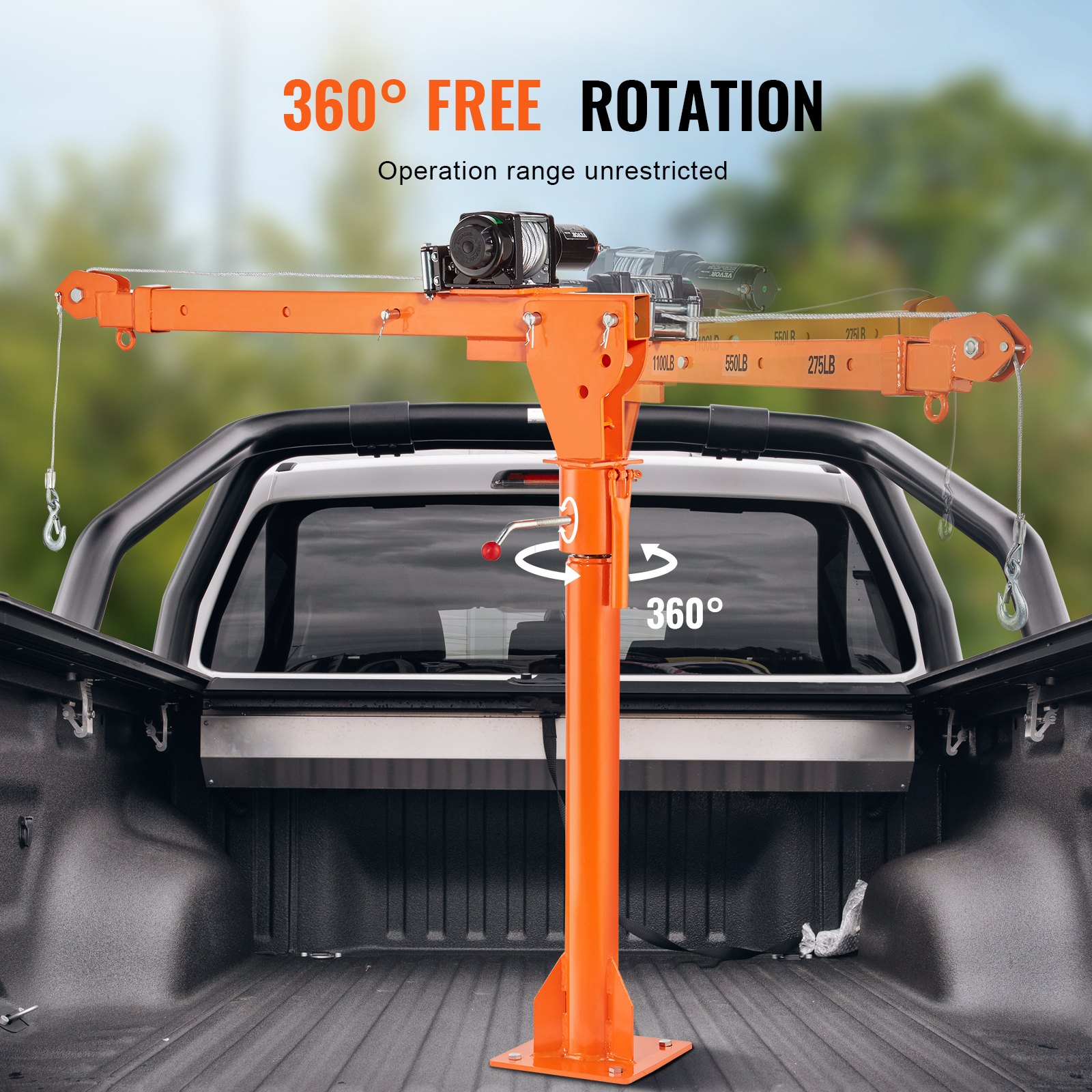 VEVOR Electric Pickup Truck Crane, 1100 lbs Capacity, 360° Swivel, Truck Jib Crane Hoist with Three Boom Capacities of 275 lbs, 550 lbs & 1100 lbs, for Lifting Goods in Construction, Forestry, Factory