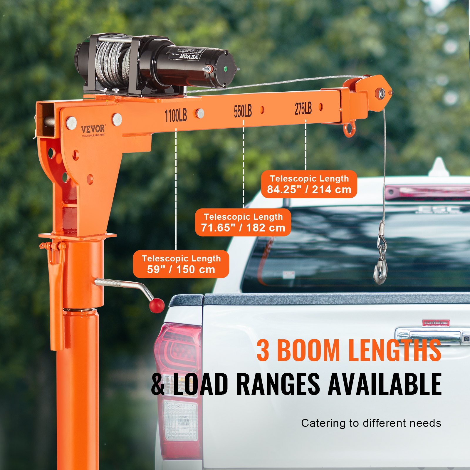 VEVOR Electric Pickup Truck Crane, 1100 lbs Capacity, 360° Swivel, Truck Jib Crane Hoist with Three Boom Capacities of 275 lbs, 550 lbs & 1100 lbs, for Lifting Goods in Construction, Forestry, Factory