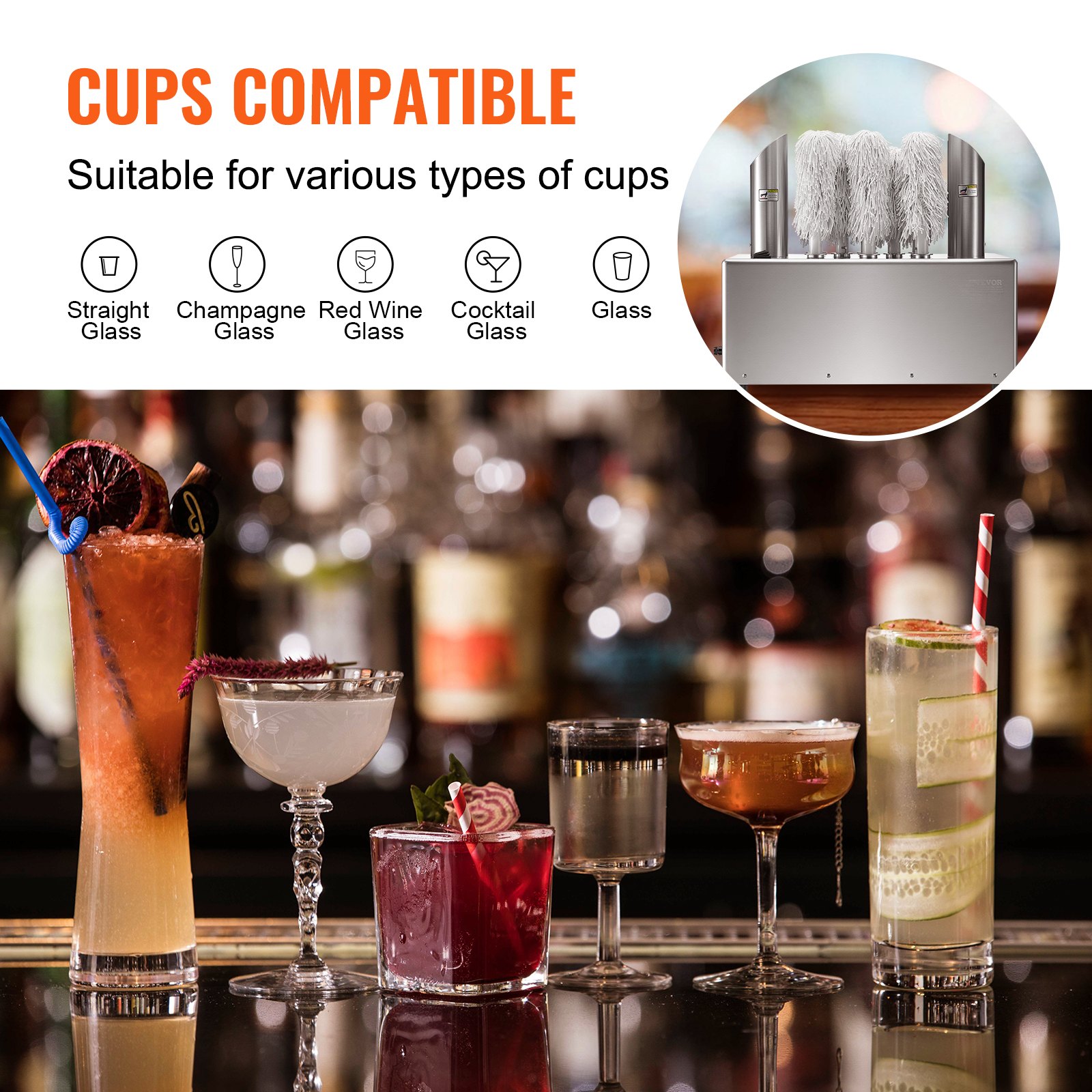 VEVOR Wine Glass Polisher Machine, 8-Brush Glass Polishing Machine, 660 Cups/Hour Electric Commercial Glass Polisher for Champagne Glasses, Beer Cups, Mugs, Perfect for Bar Restaurant Kitchen