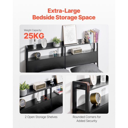VEVOR Headboard For King Size Bed Head Board With 2 Shelves & LED Light Black