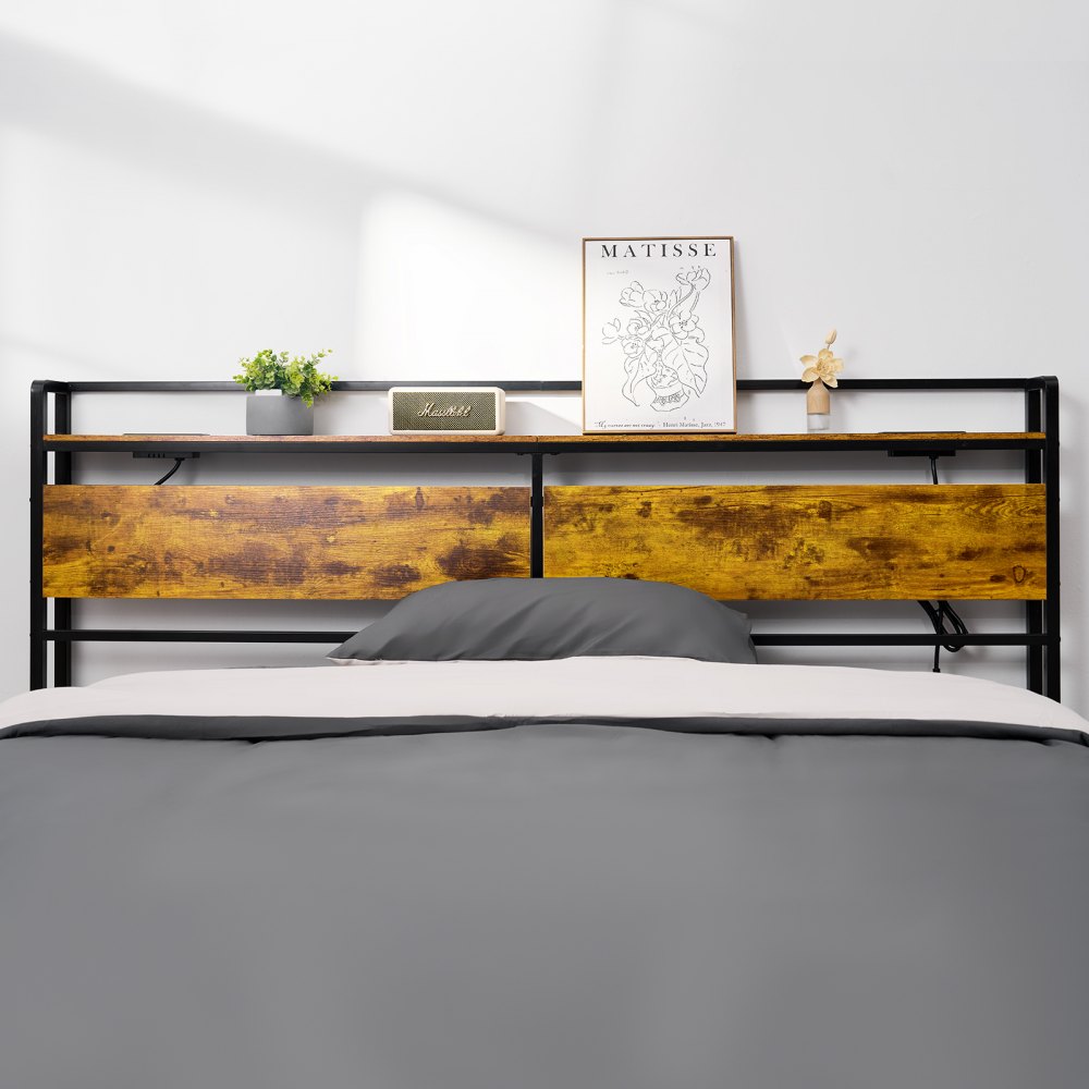 VEVOR Headboard for King Size Bed, Adjustable Height Headboard with Storage Shelf, King Size Freestanding Head Board with Outlets and USB Port for Different Bed Frames, Easy Assembly, Black and Brown