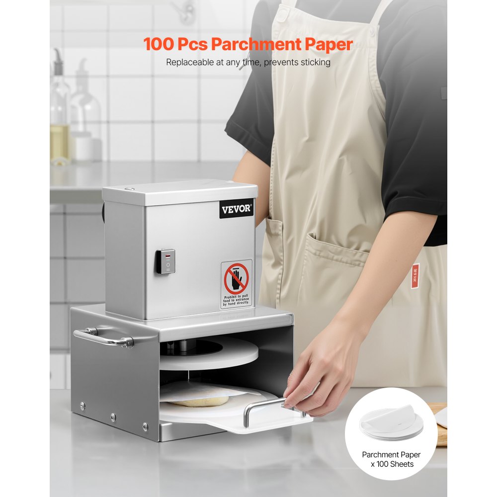 VEVOR Electric Pizza Dough Press Machine, 6 inch Pizza Pastry Press Plate, Stainless Steel Bread Presser, Adjustable Thickness Commercial Forming Machine, with 100 Pcs Parchment Paper