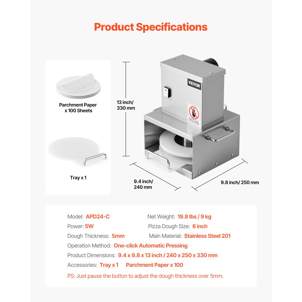 VEVOR Electric Pizza Dough Press Machine, 6 inch Pizza Pastry Press Plate, Stainless Steel Bread Presser, Adjustable Thickness Commercial Forming Machine, with 100 Pcs Parchment Paper