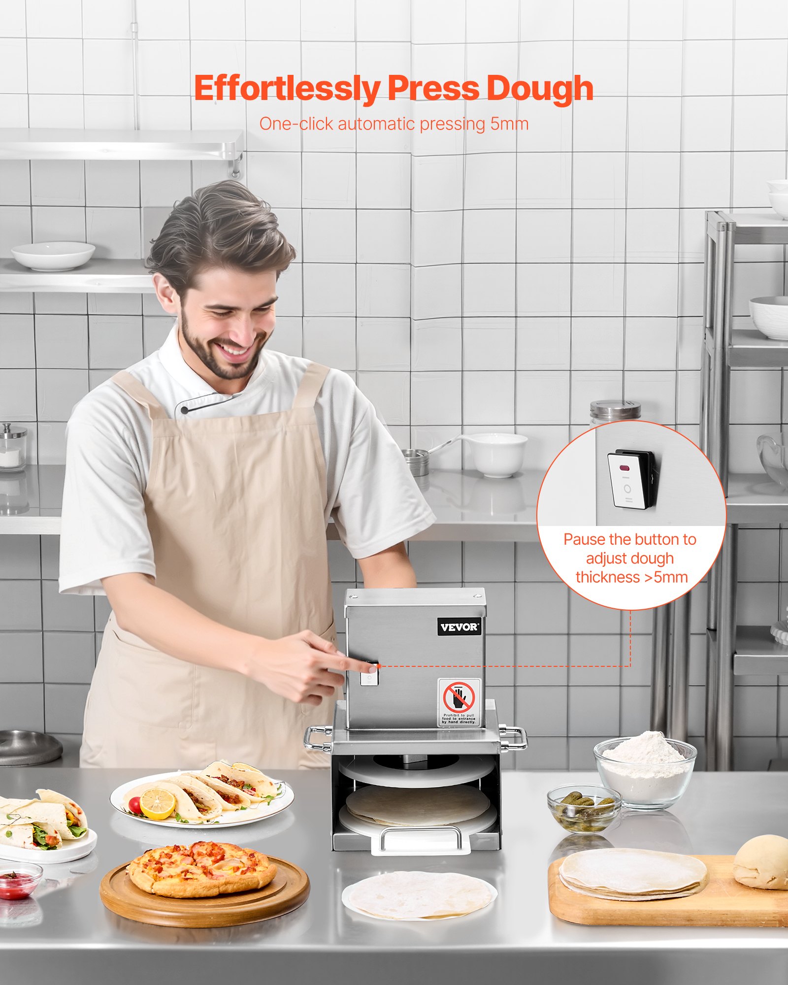 VEVOR Electric Pizza Dough Press Machine, 6 inch Pizza Pastry Press Plate, Stainless Steel Bread Presser, Adjustable Thickness Commercial Forming Machine, with 100 Pcs Parchment Paper
