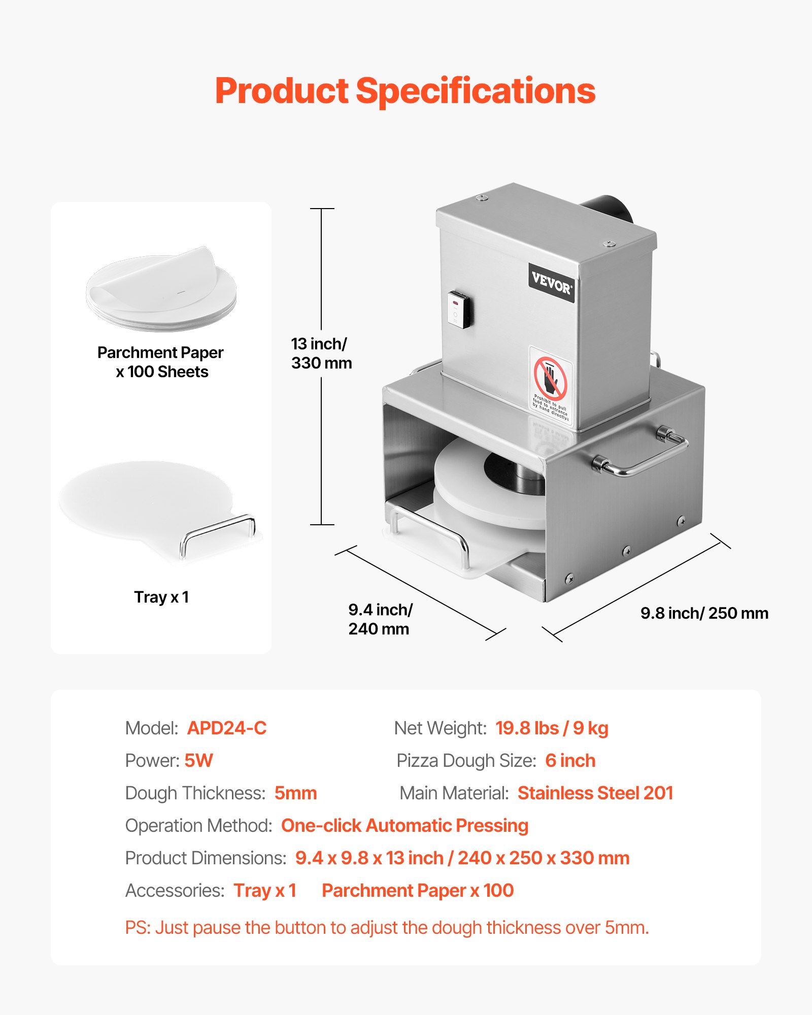 VEVOR Electric Pizza Dough Press Machine, 6 inch Pizza Pastry Press Plate, Stainless Steel Bread Presser, Adjustable Thickness Commercial Forming Machine, with 100 Pcs Parchment Paper