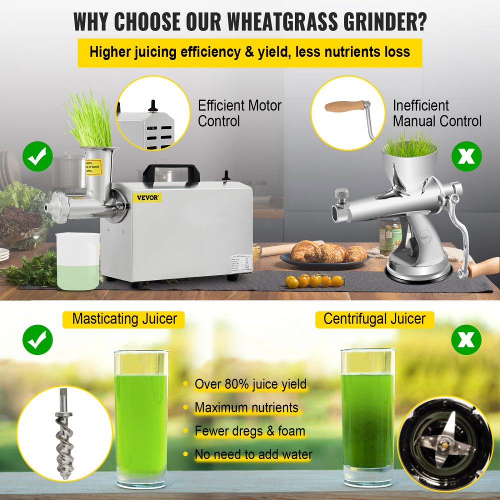 VEVOR Commercial Wheatgrass Juicing Machine, 80% Juice Yield, Slow Masticating Juicer Extractor with 100W 75RPM Quiet Motor, Stainless Steel Portable Cold Press with Reverse Function Pusher Cup Brush