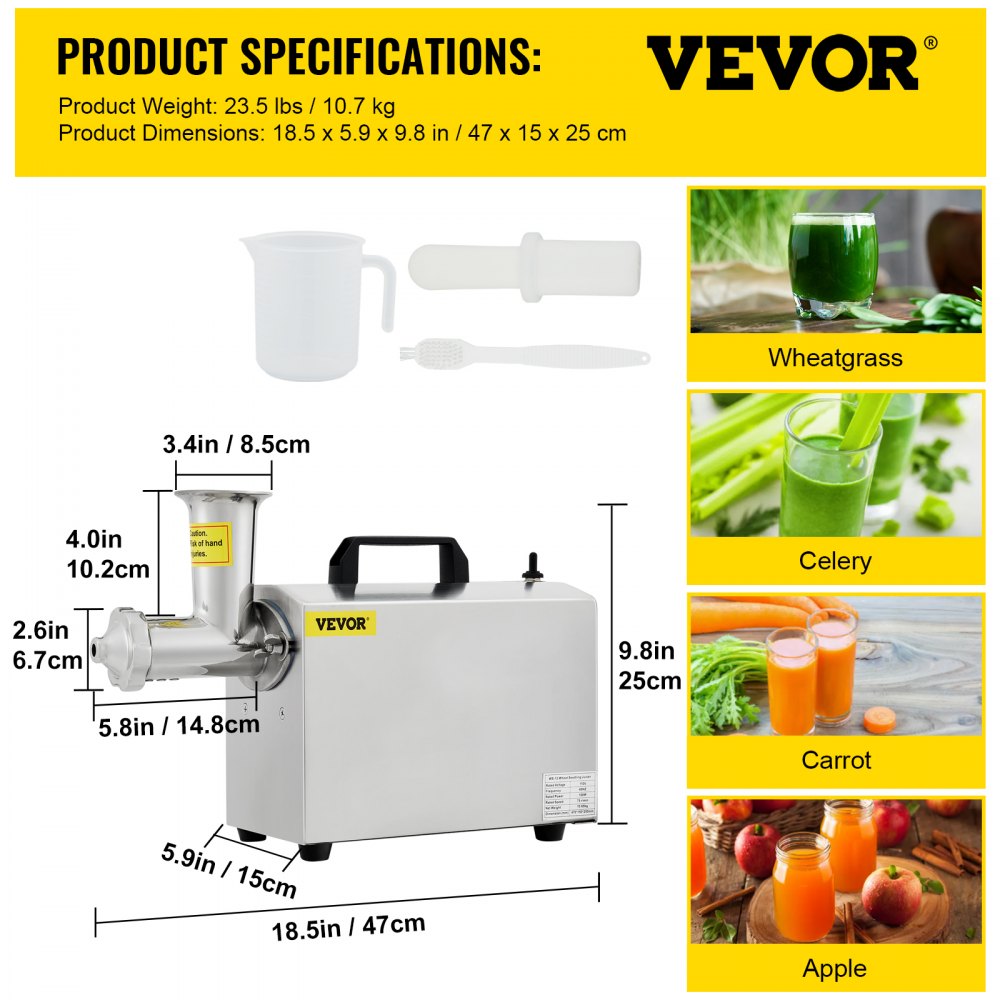 VEVOR Commercial Wheatgrass Juicing Machine, 80% Juice Yield, Slow Masticating Juicer Extractor with 100W 75RPM Quiet Motor, Stainless Steel Portable Cold Press with Reverse Function Pusher Cup Brush