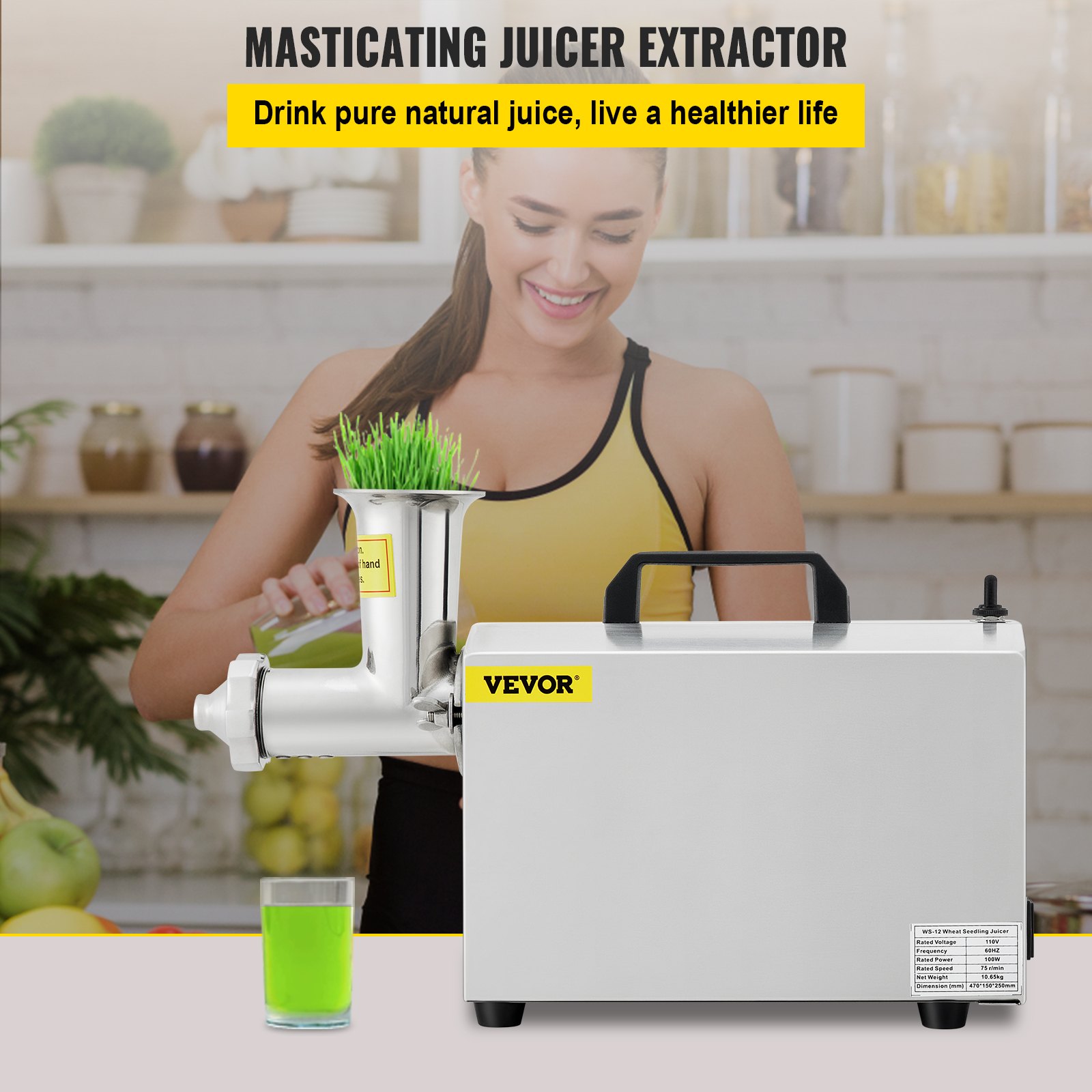 VEVOR Commercial Wheatgrass Juicing Machine, 80% Juice Yield, Slow Masticating Juicer Extractor with 100W 75RPM Quiet Motor, Stainless Steel Portable Cold Press with Reverse Function Pusher Cup Brush