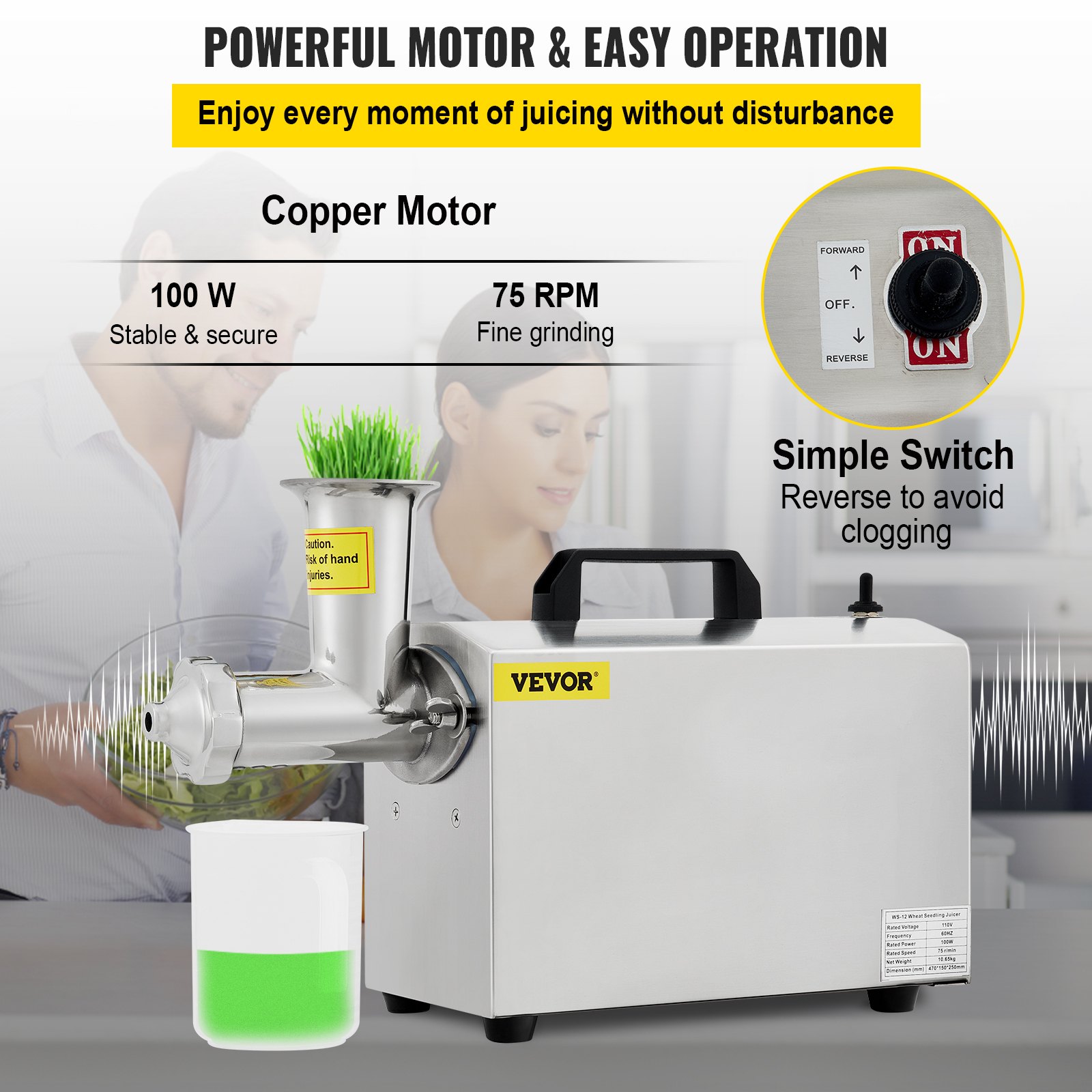 VEVOR Commercial Wheatgrass Juicing Machine, 80% Juice Yield, Slow Masticating Juicer Extractor with 100W 75RPM Quiet Motor, Stainless Steel Portable Cold Press with Reverse Function Pusher Cup Brush