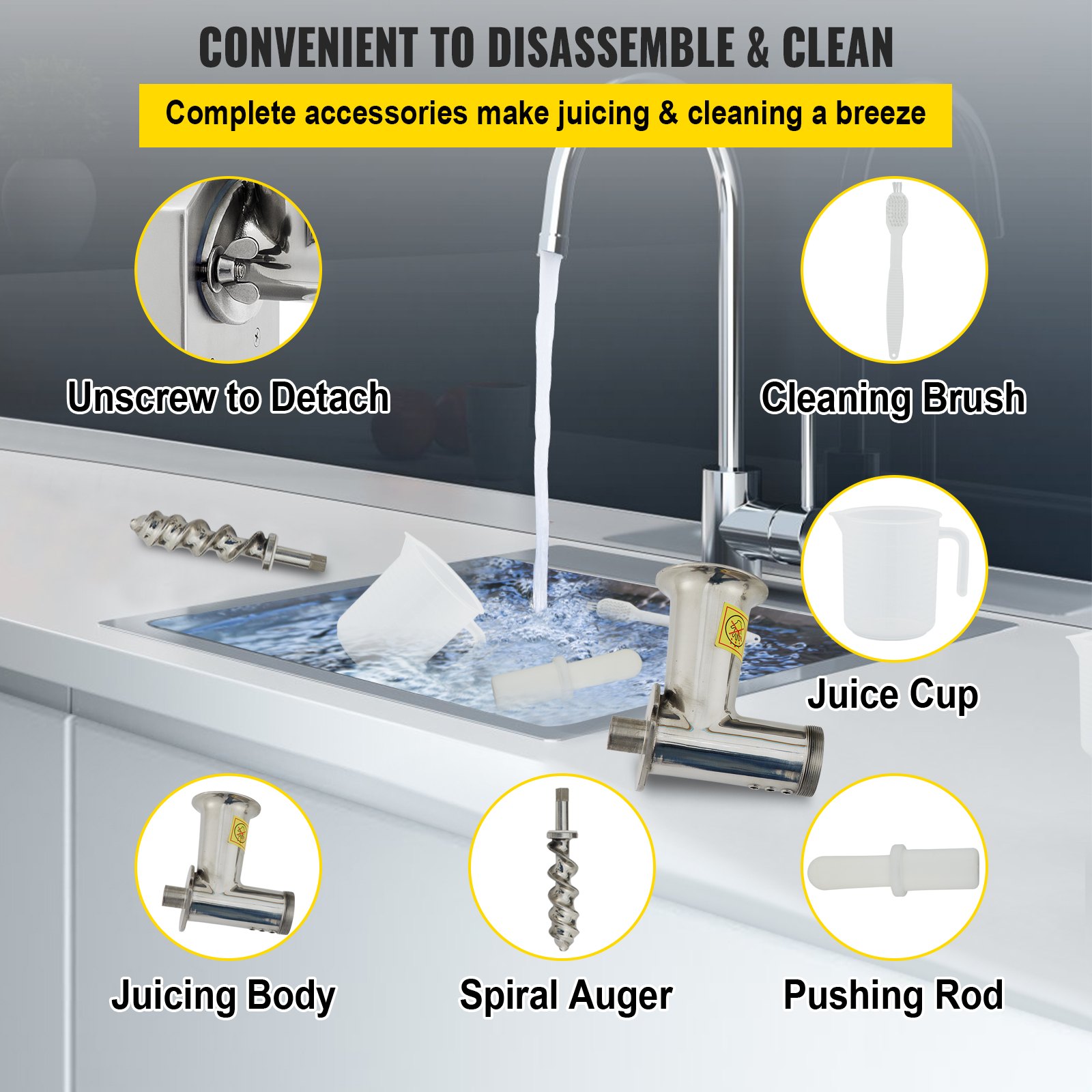 VEVOR Commercial Wheatgrass Juicing Machine, 80% Juice Yield, Slow Masticating Juicer Extractor with 100W 75RPM Quiet Motor, Stainless Steel Portable Cold Press with Reverse Function Pusher Cup Brush