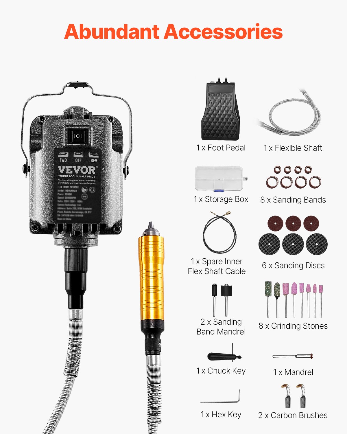 VEVOR Flex Shaft Grinder, 1000W 30,000RPM Electric Flex Shaft Rotary Tool Carver, Multi-functional Grinding Machine with 31PCS Accessories for Carving Buffing Drilling Polishing, 230V