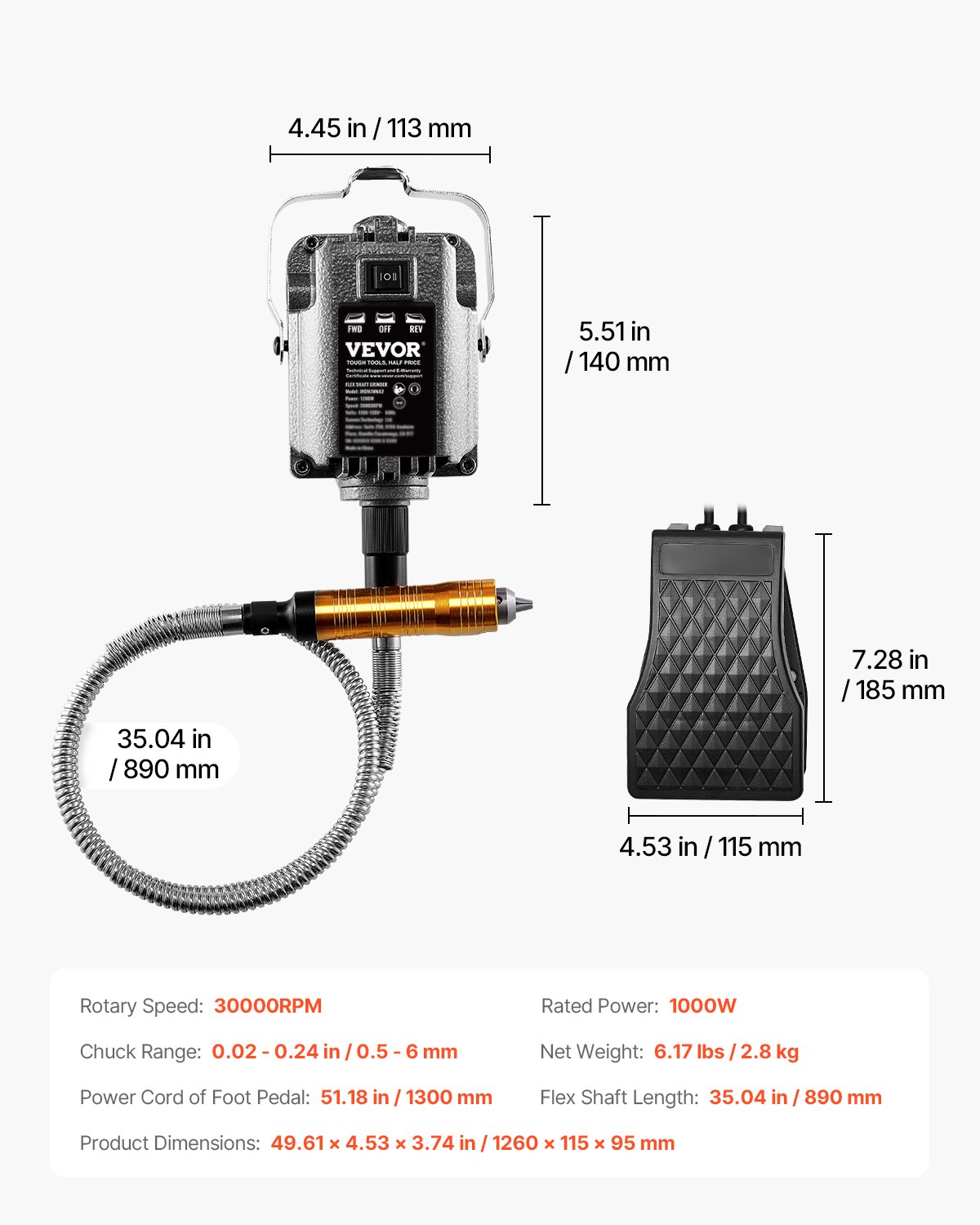 VEVOR Flex Shaft Grinder, 1000W 30,000RPM Electric Flex Shaft Rotary Tool Carver, Multi-functional Grinding Machine with 31PCS Accessories for Carving Buffing Drilling Polishing, 230V