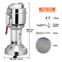 VEVOR electric grain mill with accessories, size details, weight 8 lbs, 2 blades, 2 carbon brushes, brush, sieve.