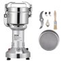 VEVOR electric grain mill with accessories, including blades, brush, and sifter. stainless steel finish.