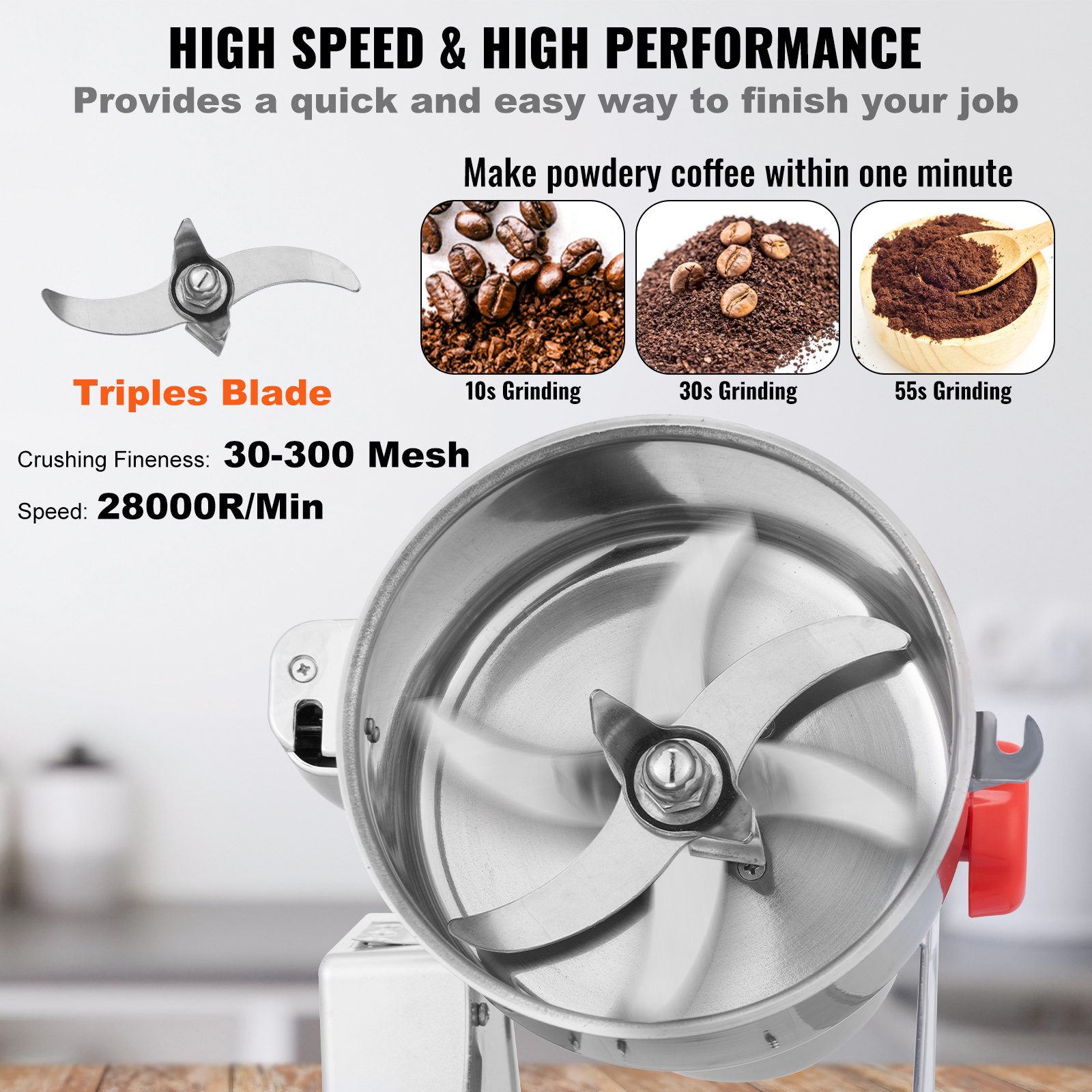 VEVOR 1000g Electric Grain Mill Grinder, High Speed 3000W Commercial Spice Grinders, Stainless Steel Pulverizer Powder Machine, for Dry Grains Spices Cereals Coffee Corn Pepper, Swing Type