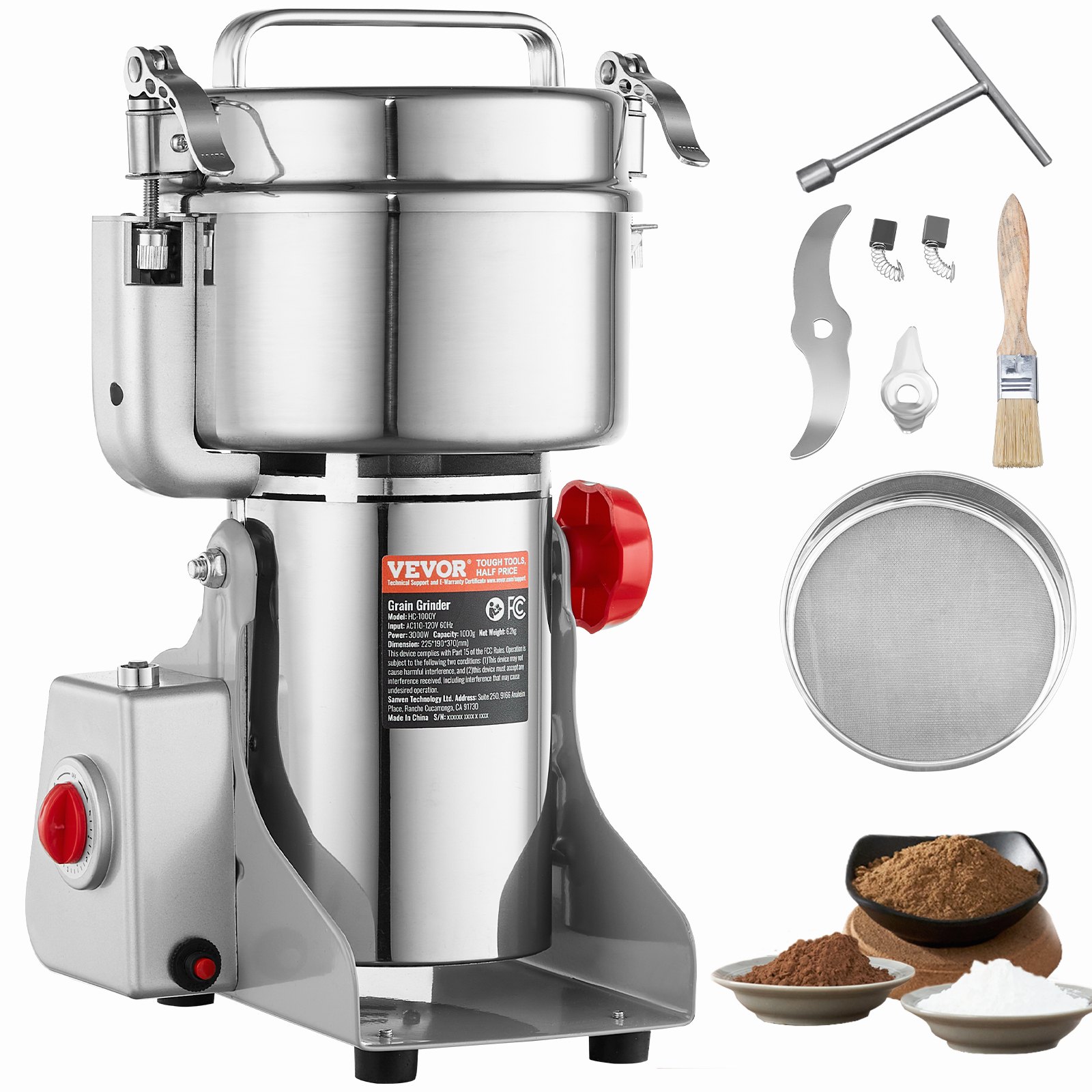 VEVOR 1000g Electric Grain Mill Grinder, High Speed 3000W Commercial Spice Grinders, Stainless Steel Pulverizer Powder Machine, for Dry Grains Spices Cereals Coffee Corn Pepper, Swing Type