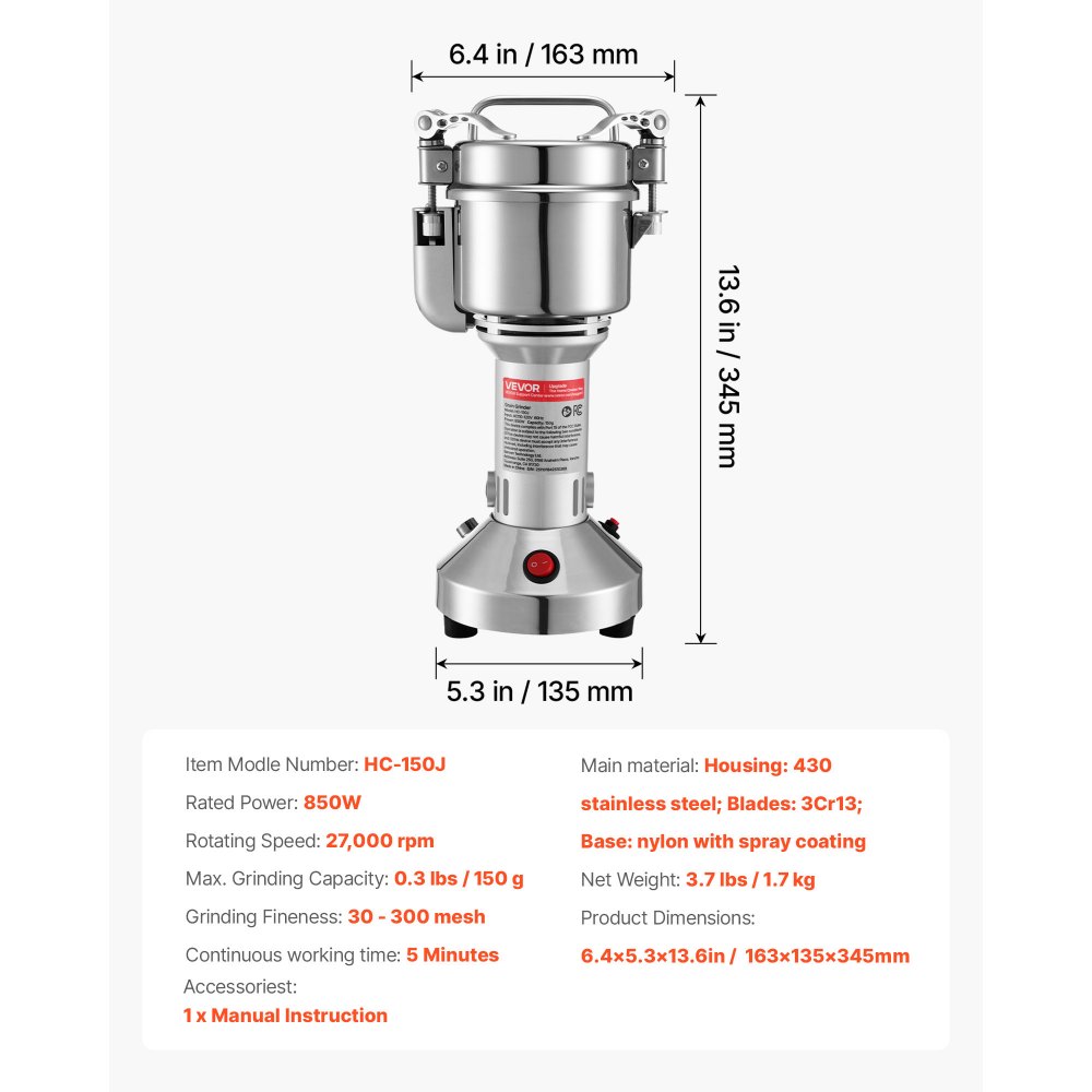 VEVOR Electric Grain Mill Grinder, 0.3 lbs Commercial Spice Grinders, High Speed 850W Stainless Steel Pulverizer Powder Machine, for Dry Grains, Spices, Cereals, Coffee, Corn & Pepper, Straight Type