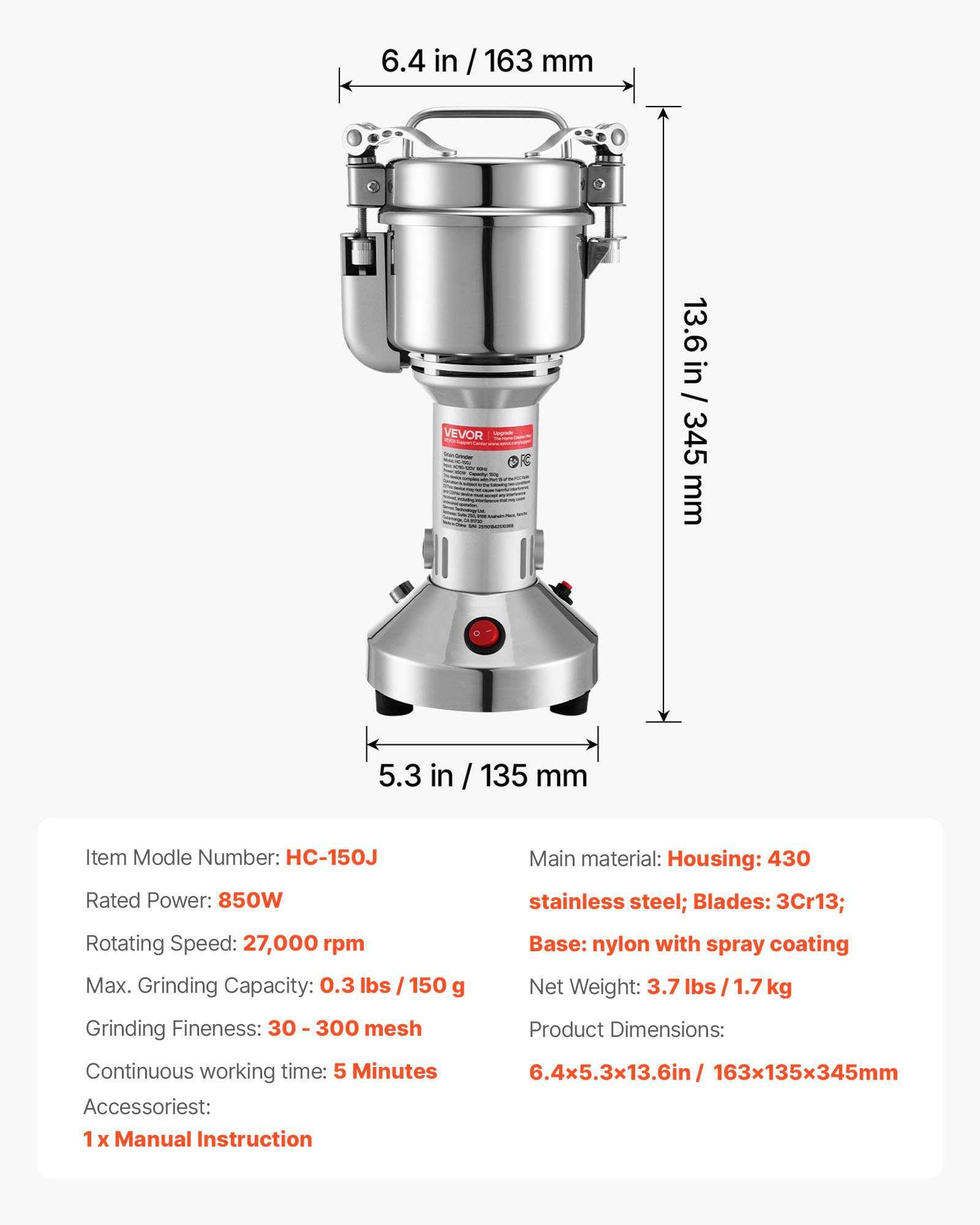 VEVOR Electric Grain Mill Grinder, 0.3 lbs Commercial Spice Grinders, High Speed 850W Stainless Steel Pulverizer Powder Machine, for Dry Grains, Spices, Cereals, Coffee, Corn & Pepper, Straight Type