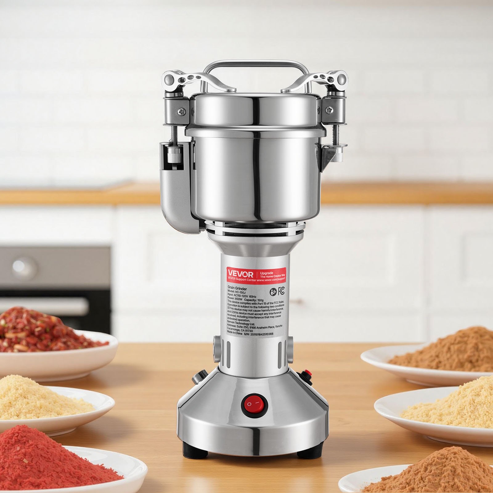 VEVOR Electric Grain Mill Grinder, 0.3 lbs Commercial Spice Grinders, High Speed 850W Stainless Steel Pulverizer Powder Machine, for Dry Grains, Spices, Cereals, Coffee, Corn & Pepper, Straight Type