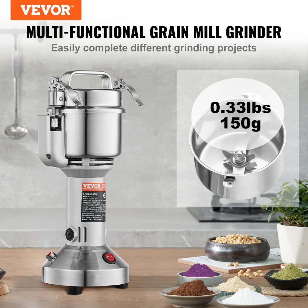 VEVOR 150g Electric Grain Mill Grinder, High Speed 850W Commercial Spice Grinders, Stainless Steel Pulverizer Powder Machine, for Dry Grains Spices Cereals Coffee Corn Pepper, Straight Type