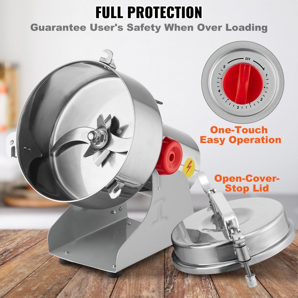 VEVOR 2000g Electric Grain Mill Grinder, High Speed 3400W Commercial Spice Grinders, Stainless Steel Pulverizer Powder Machine, for Dry Grains Spices Cereals Coffee Corn Pepper, Swing Type