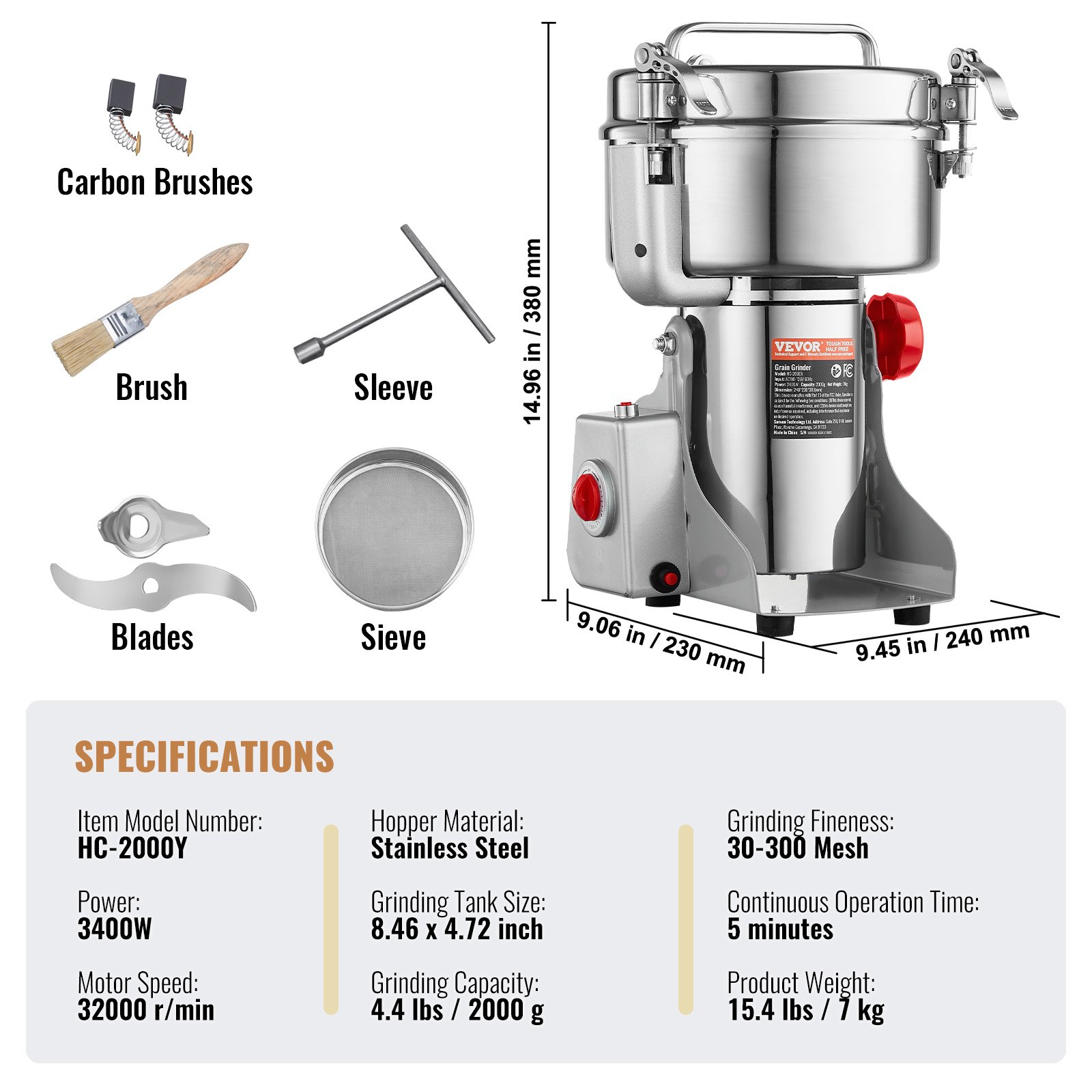 VEVOR 2000g Electric Grain Mill Grinder, High Speed 3400W Commercial Spice Grinders, Stainless Steel Pulverizer Powder Machine, for Dry Grains Spices Cereals Coffee Corn Pepper, Swing Type