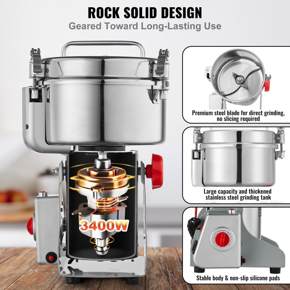 VEVOR 2500g Electric Grain Mill Grinder, High Speed 3400W Commercial Spice Grinders, Stainless Steel Pulverizer Powder Machine, for Dry Grains Spices Cereals Coffee Corn Pepper, Swing Type