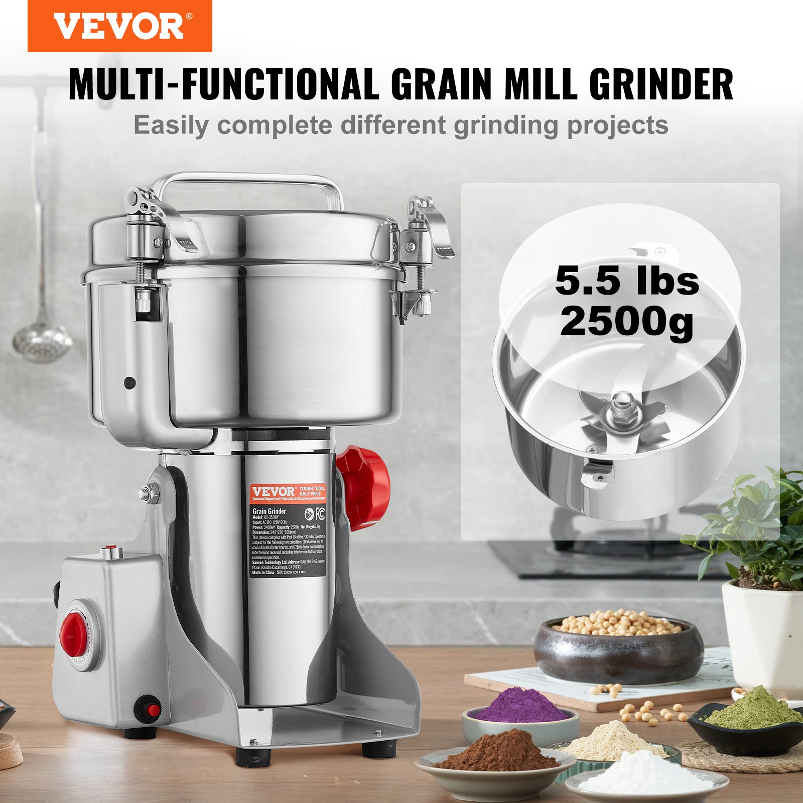VEVOR 2500g Electric Grain Mill Grinder, High Speed 3400W Commercial Spice Grinders, Stainless Steel Pulverizer Powder Machine, for Dry Grains Spices Cereals Coffee Corn Pepper, Swing Type