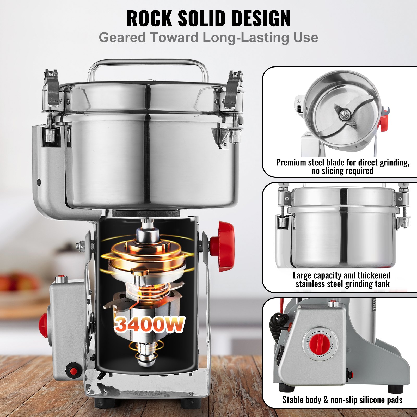 VEVOR 2500g Electric Grain Mill Grinder, High Speed 3400W Commercial Spice Grinders, Stainless Steel Pulverizer Powder Machine, for Dry Grains Spices Cereals Coffee Corn Pepper, Swing Type