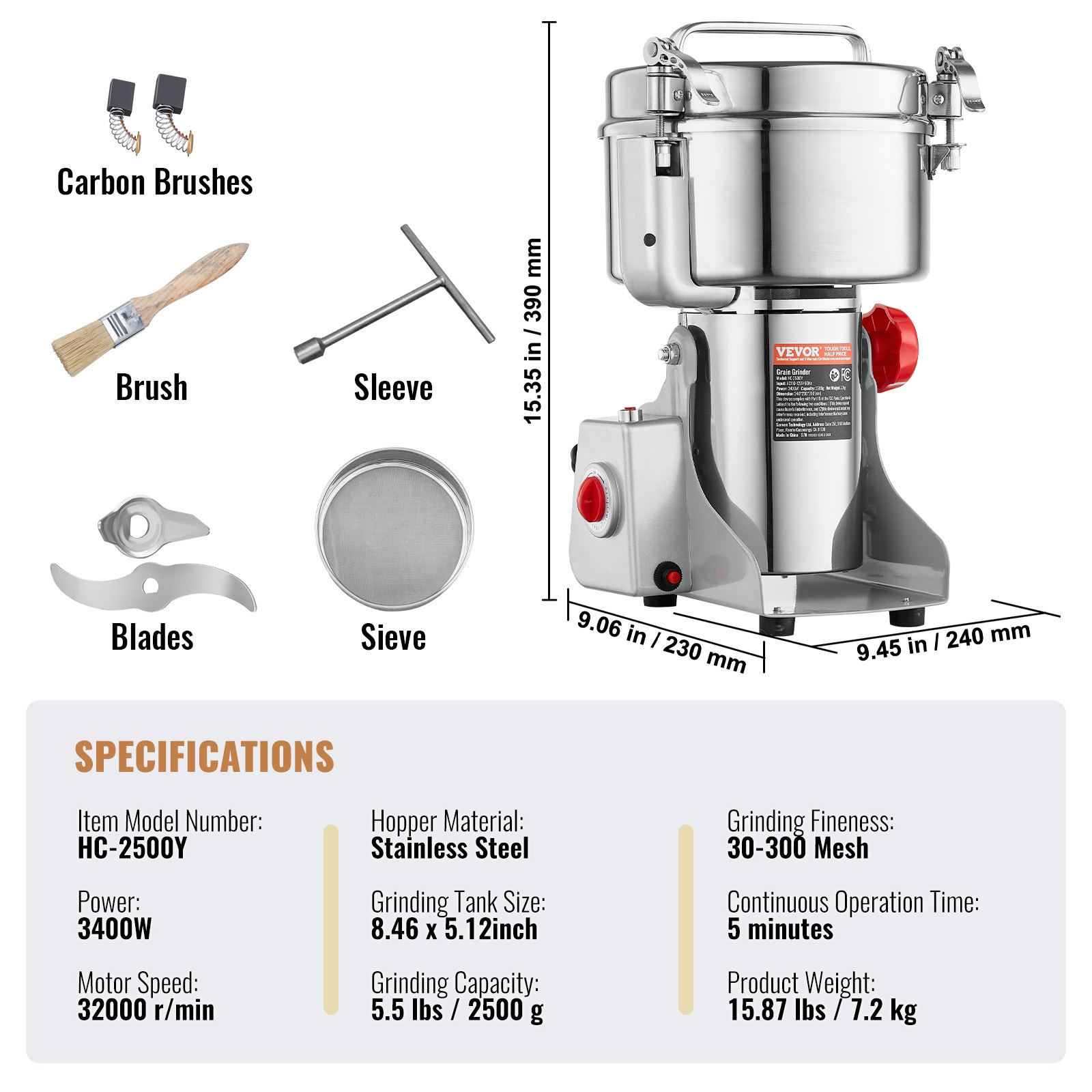 VEVOR 2500g Electric Grain Mill Grinder, High Speed 3400W Commercial Spice Grinders, Stainless Steel Pulverizer Powder Machine, for Dry Grains Spices Cereals Coffee Corn Pepper, Swing Type